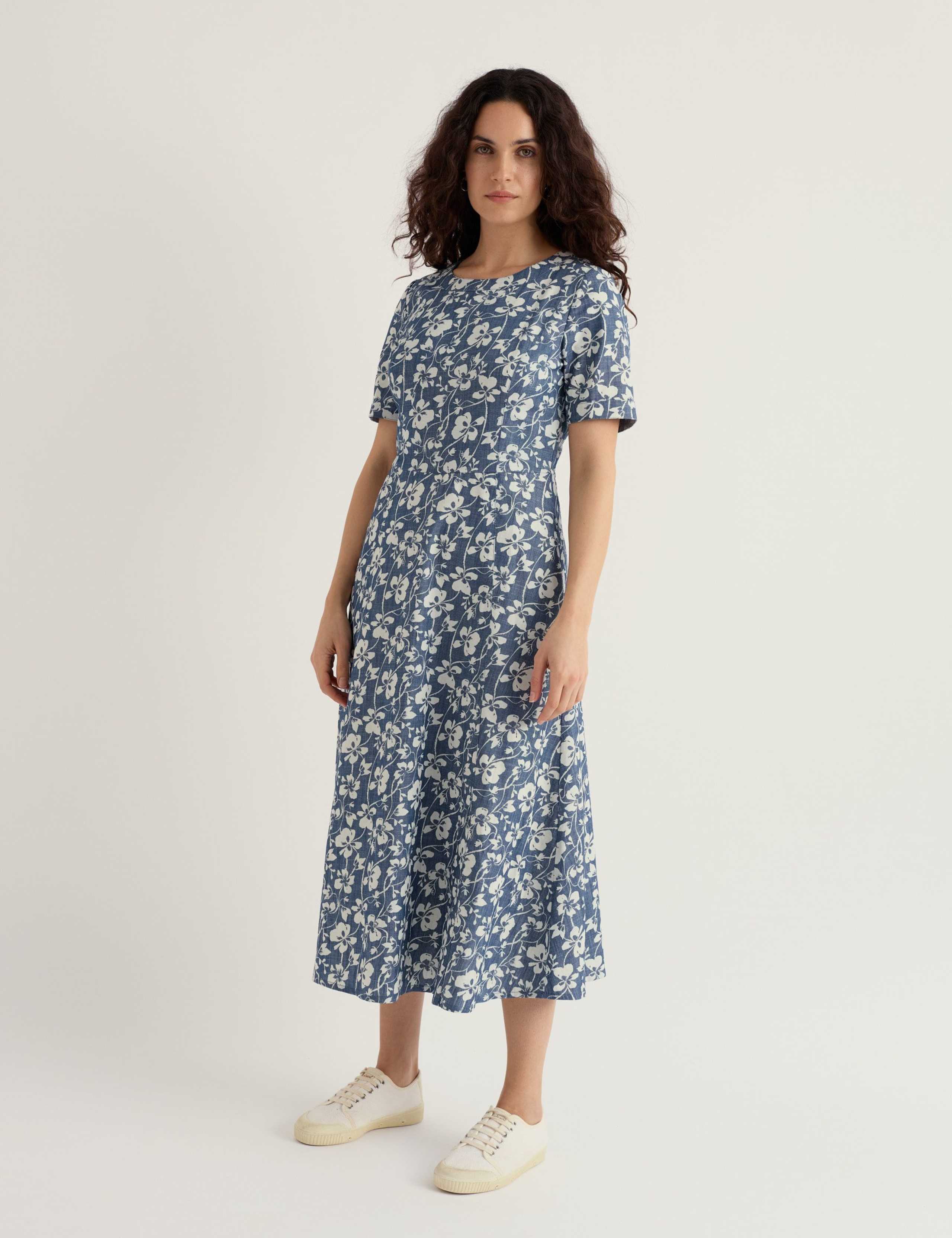 Pure Cotton Floral Midi Waisted Dress