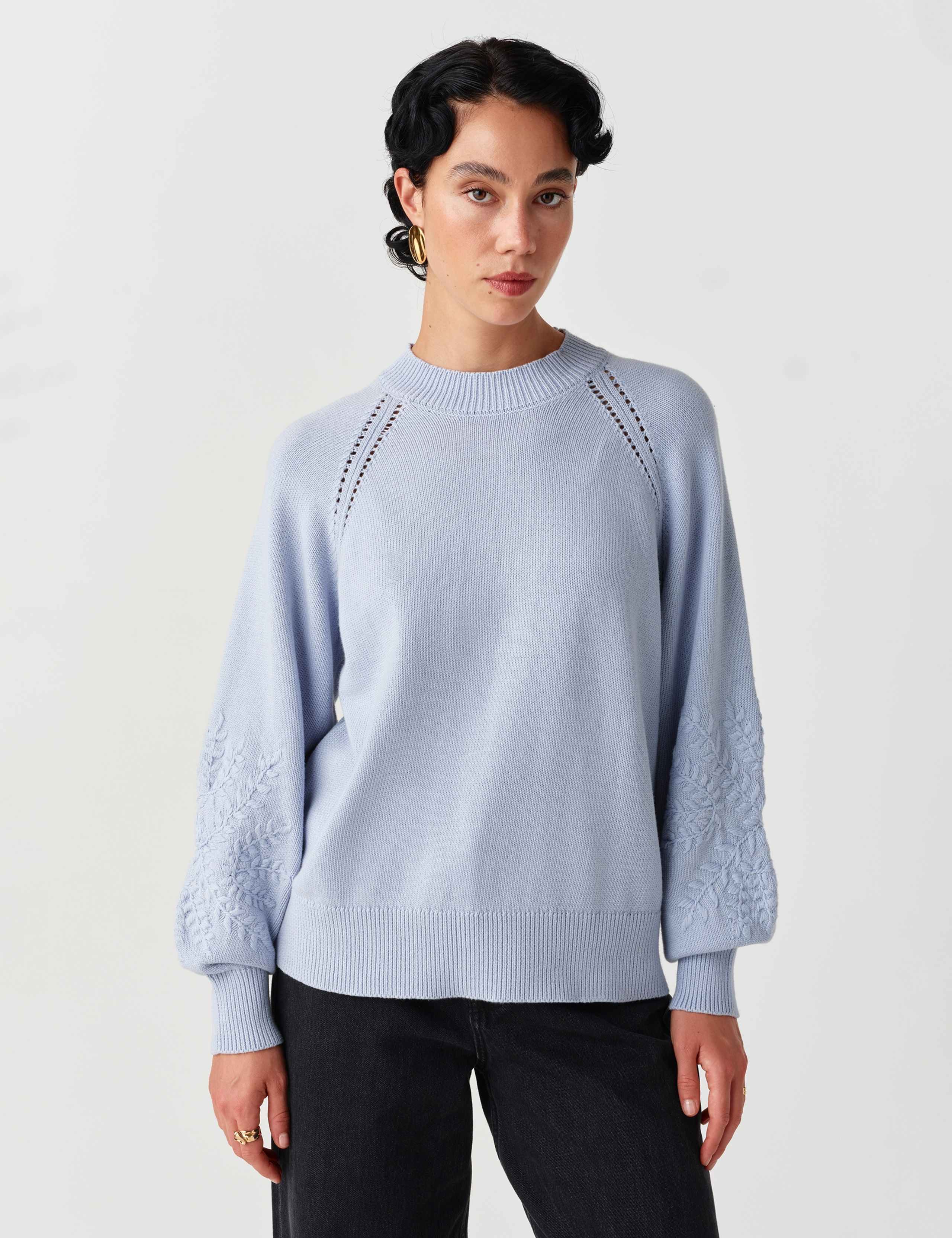 Pure Cotton Embroidered Balloon Sleeve Jumper
