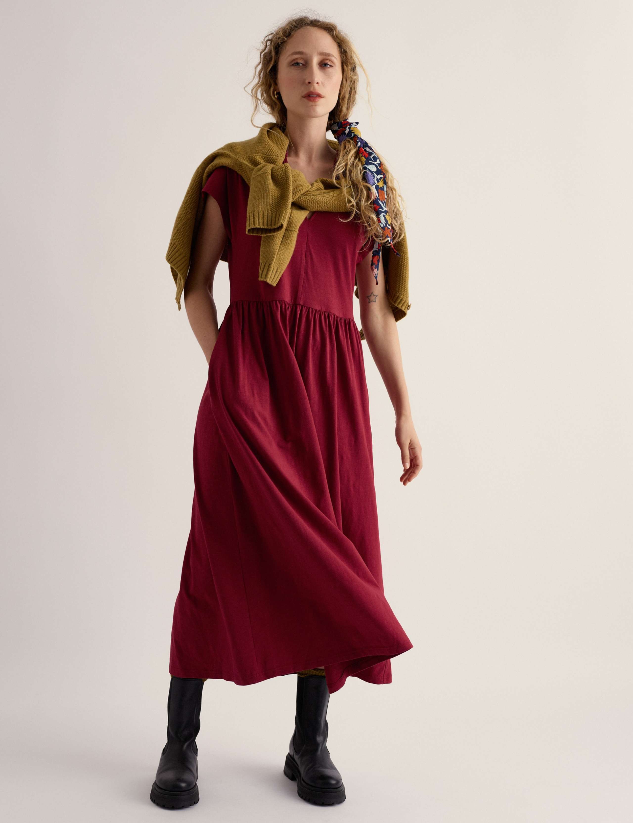Cotton Rich Notch Neck Midi Waisted Dress