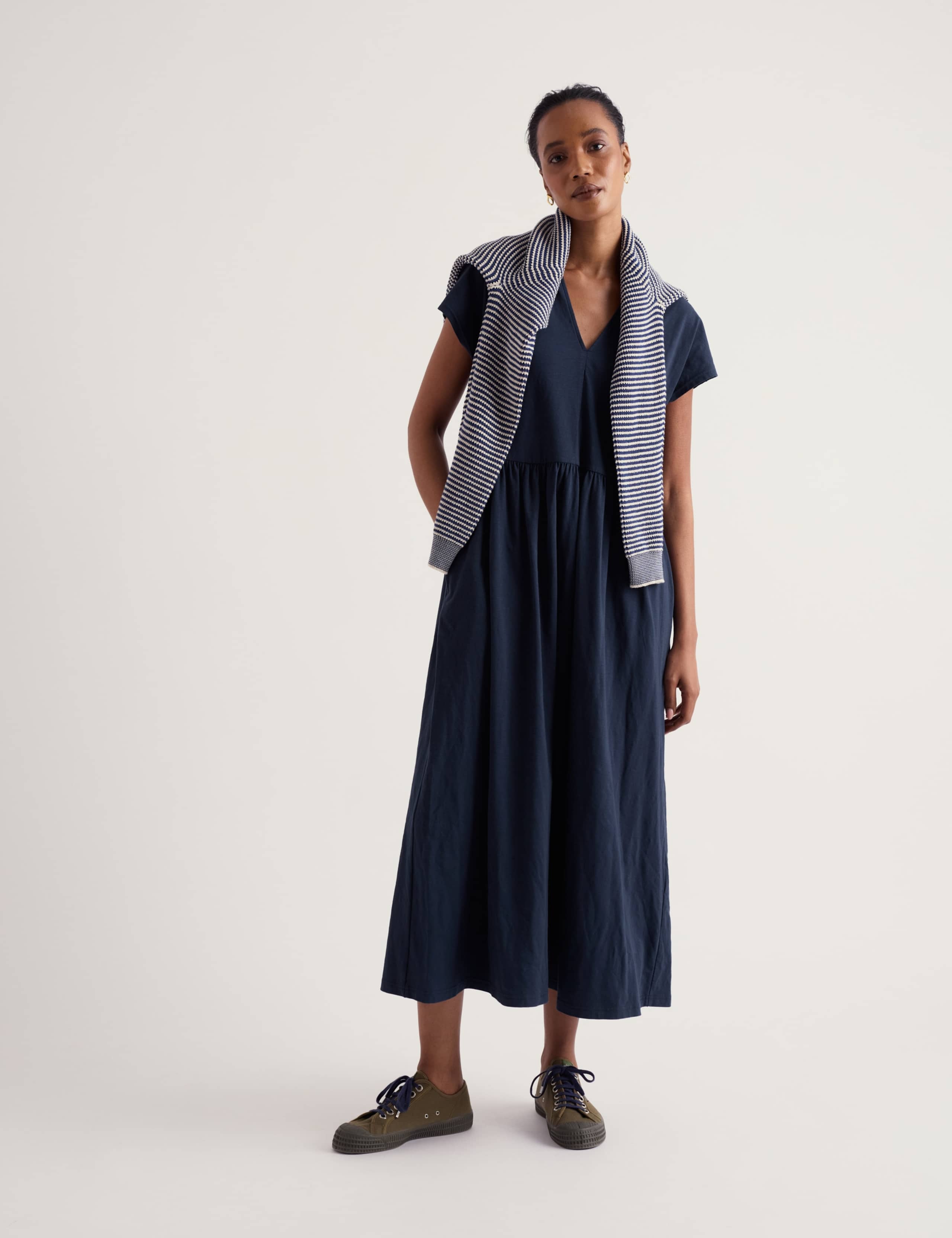 Cotton Rich Notch Neck Midi Waisted Dress