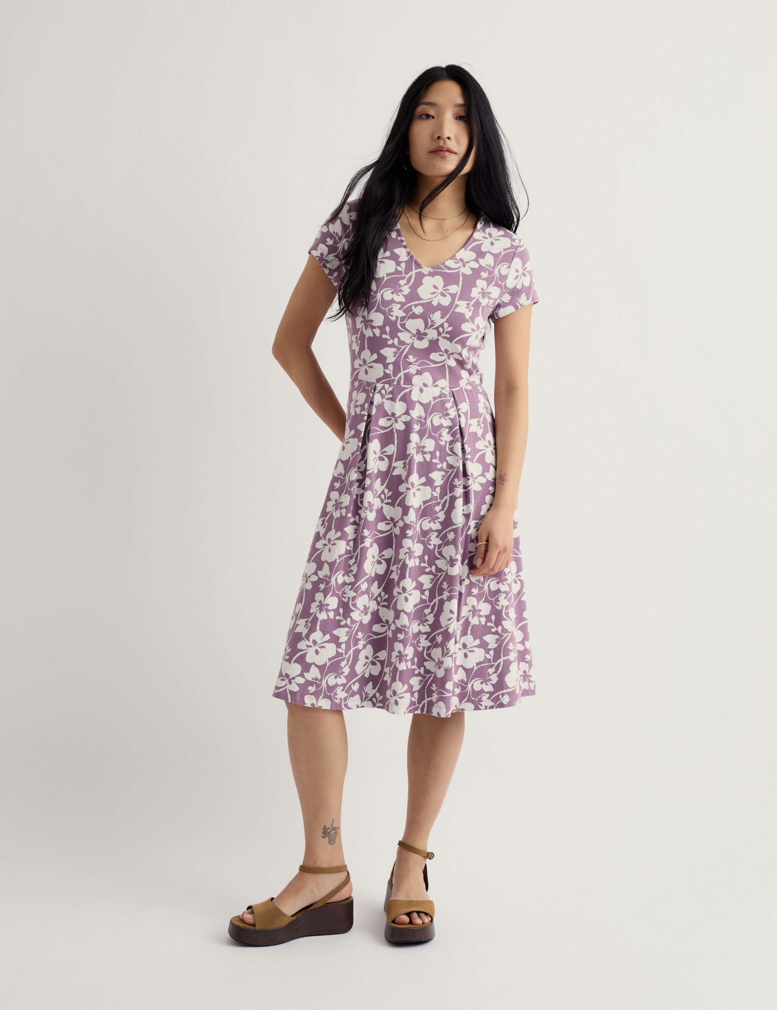 Cotton Rich Floral V-Neck Waisted Dress