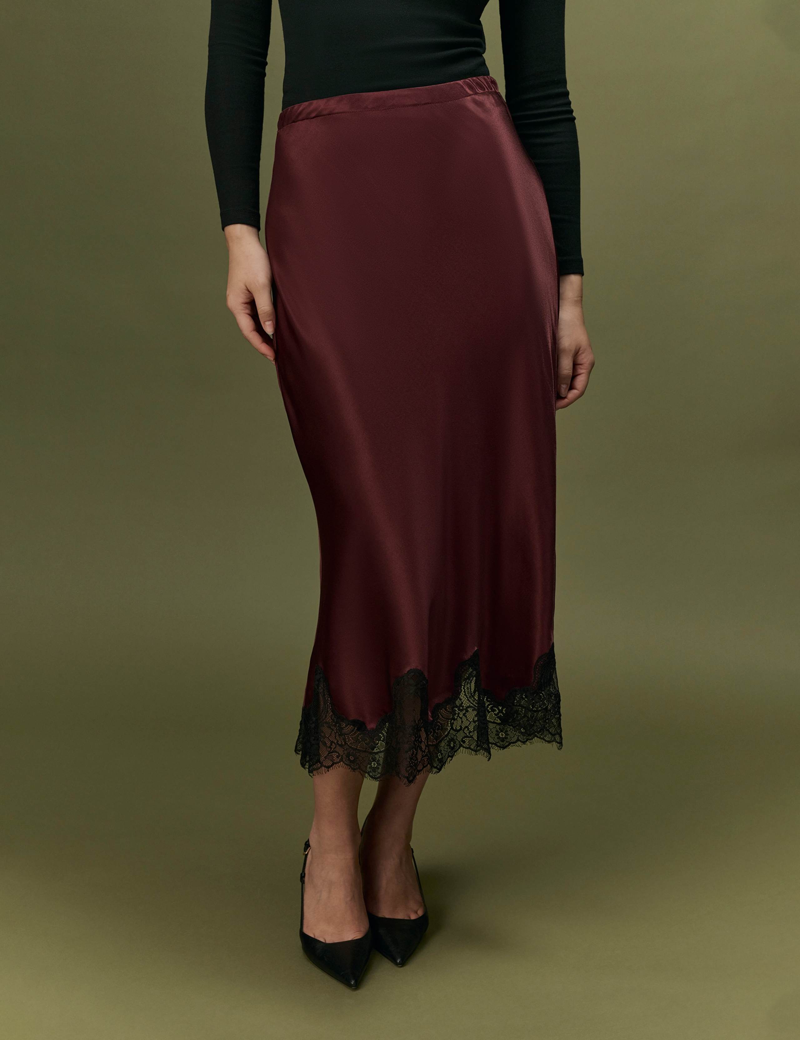 Satin Lace Midi Slip Skirt
