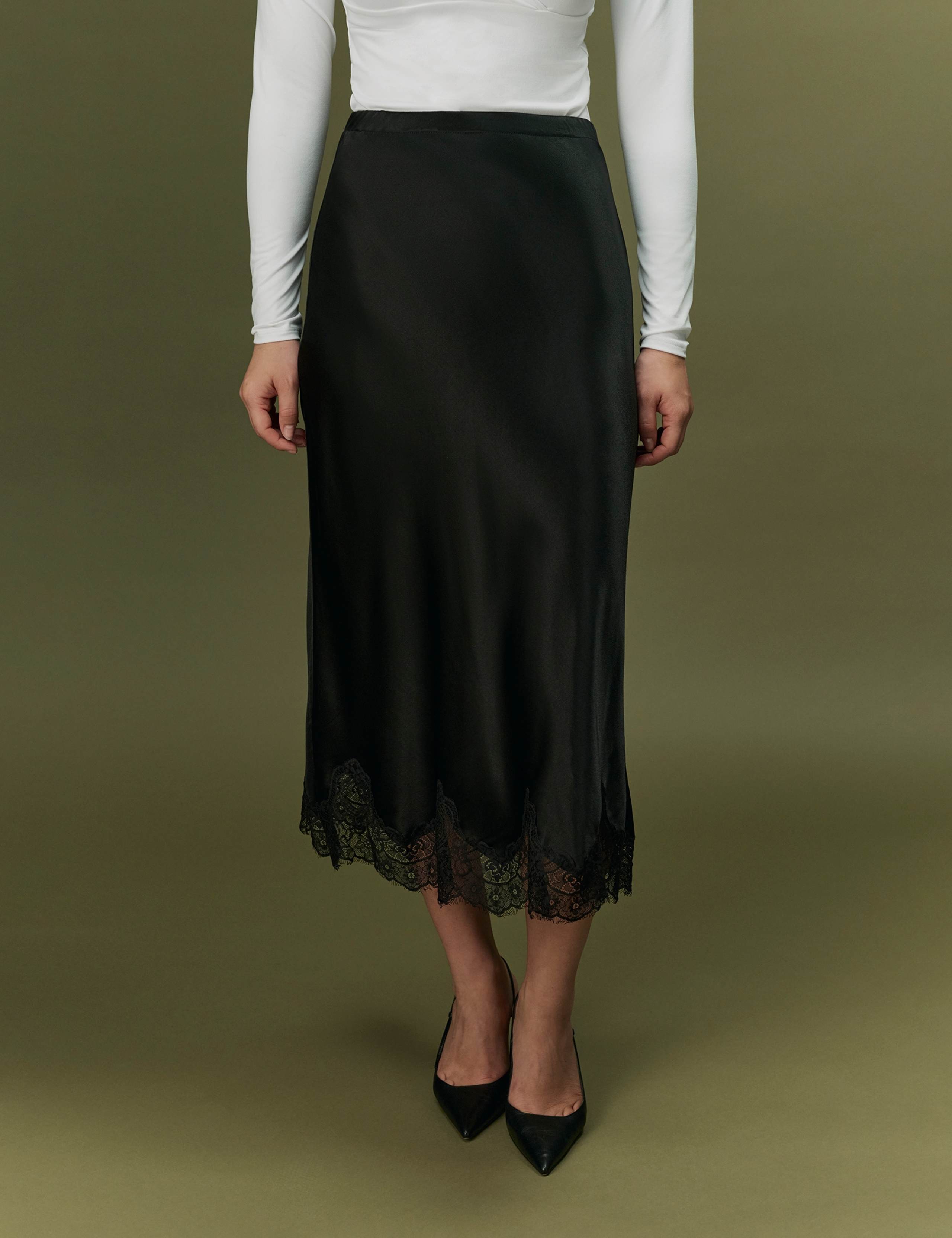 Satin Lace Midi Slip Skirt