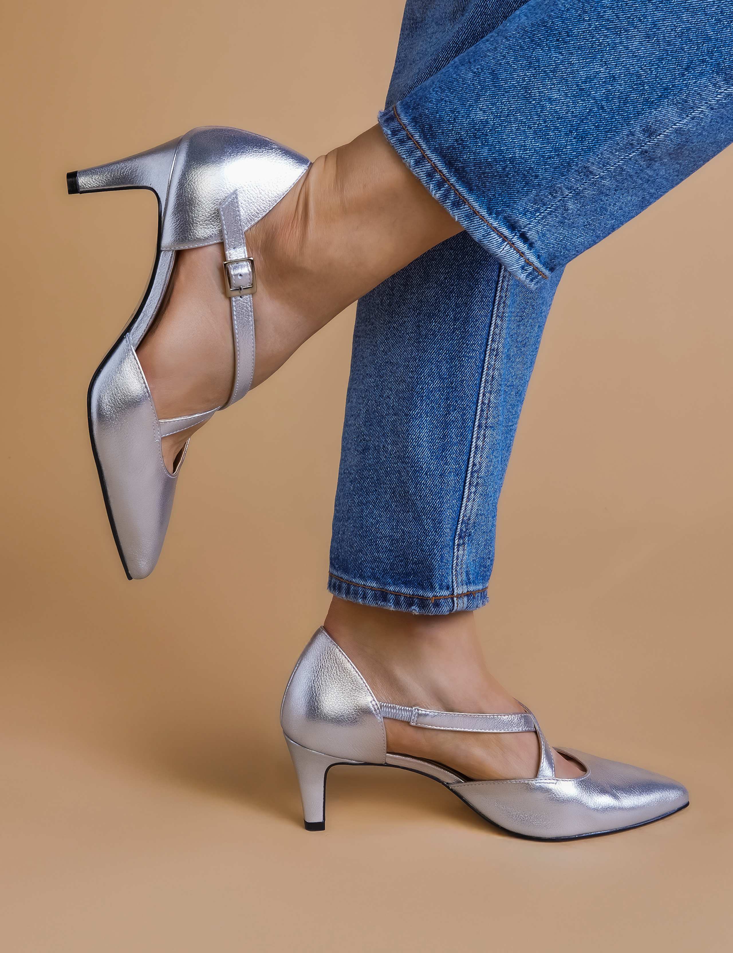 Leather Metallic Strappy Kitten Heel Pointed Court Shoes