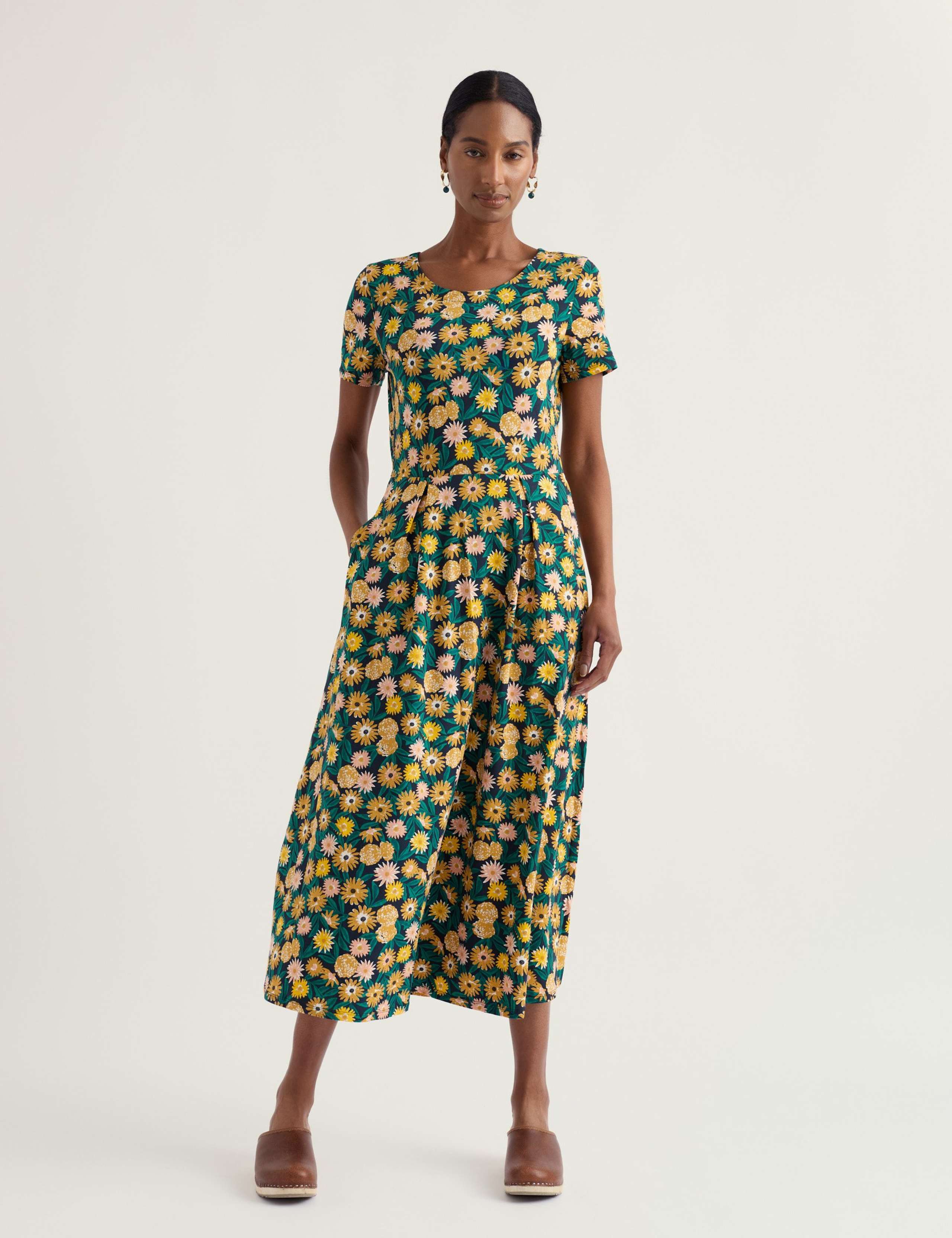 Cotton Rich Printed Midi Waisted Dress