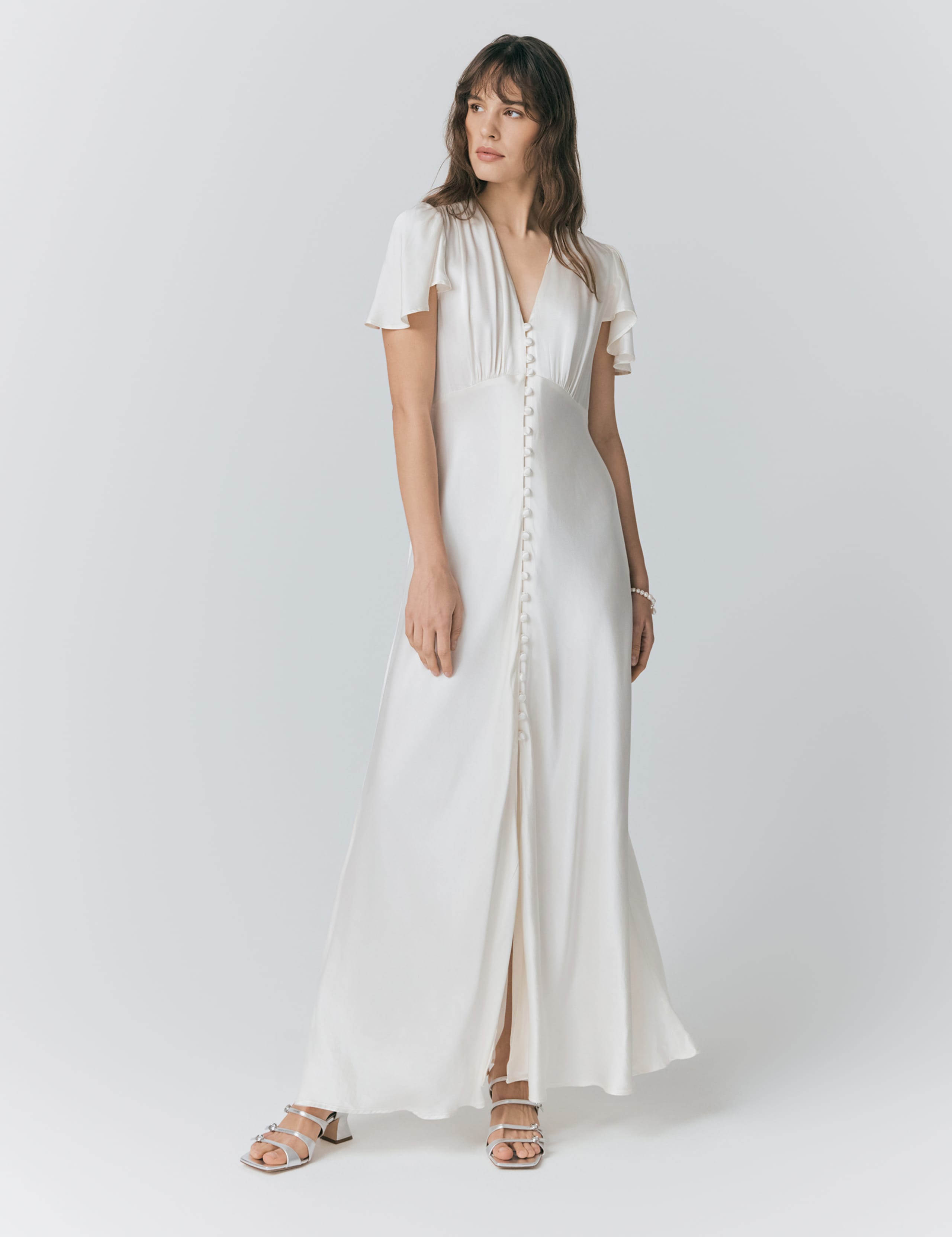 Satin Button Front Maxi Waisted Dress
