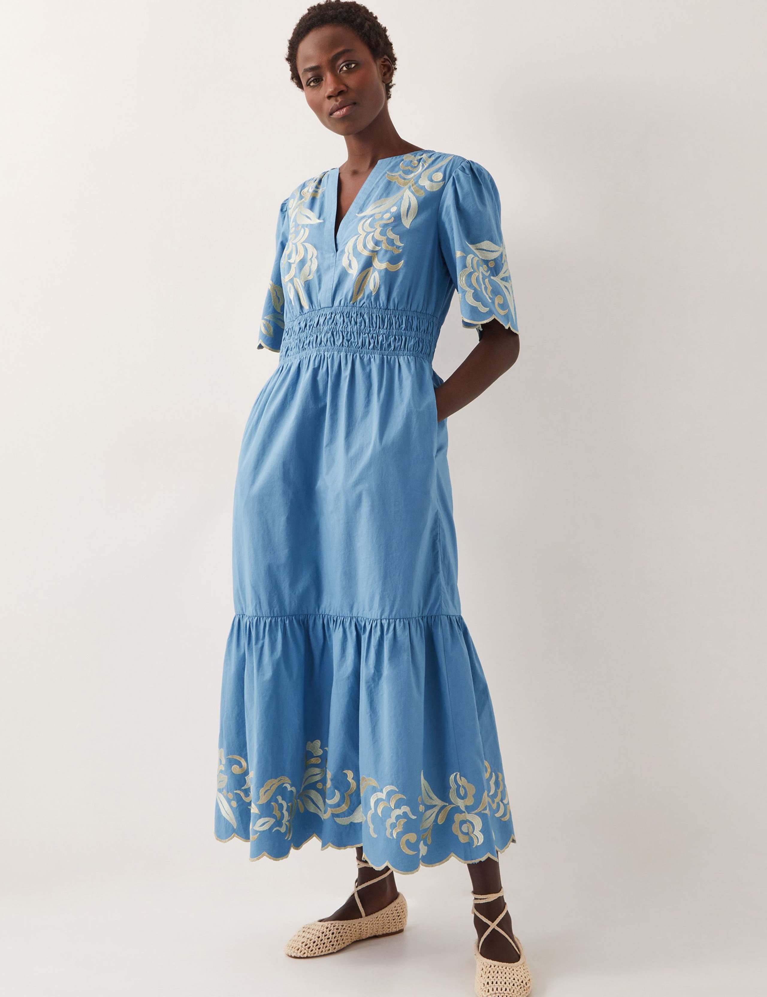 Pure Cotton Embroidered Midi Waisted Dress