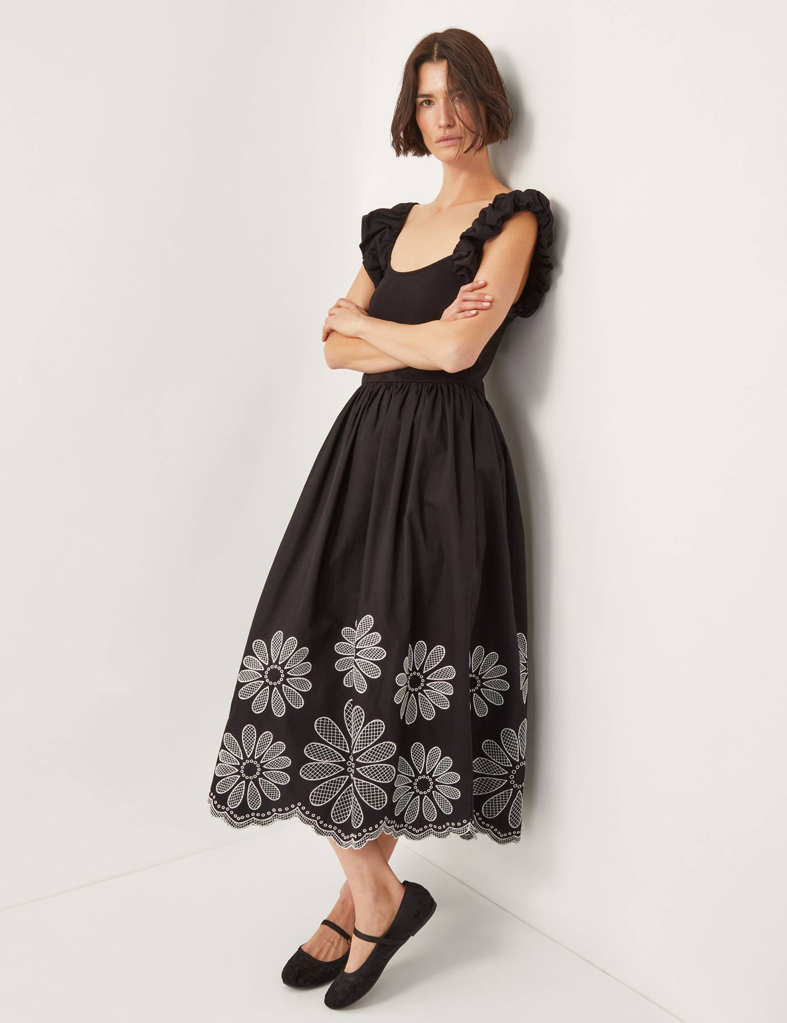 Cotton Rich Embroidered Midi Waisted Dress