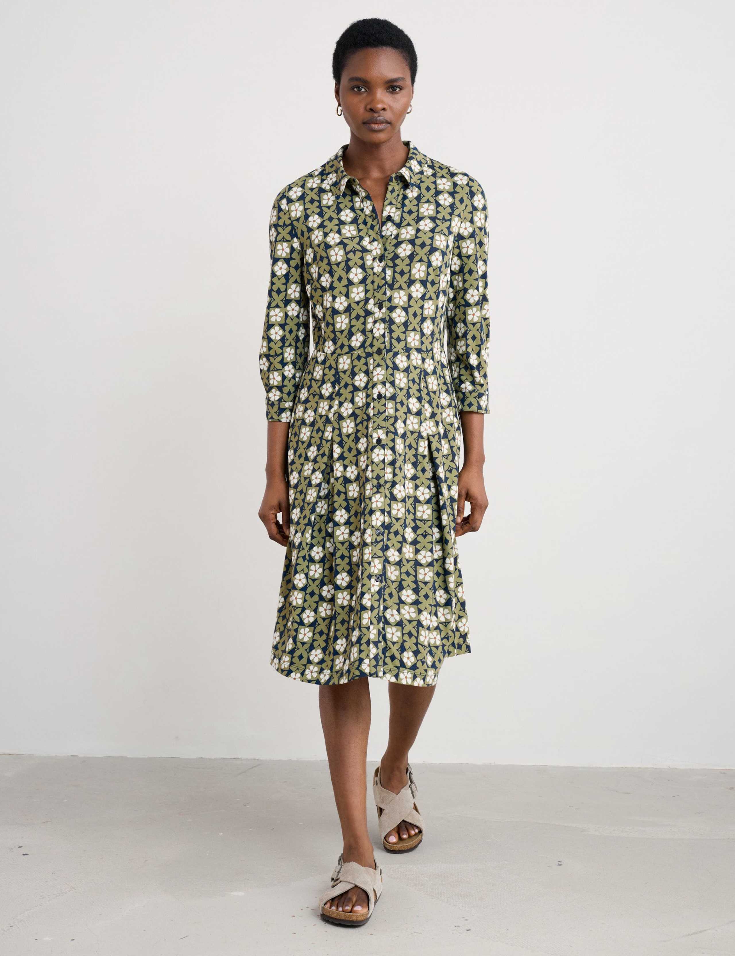 Cotton Rich Floral Knee Length Shirt Dress