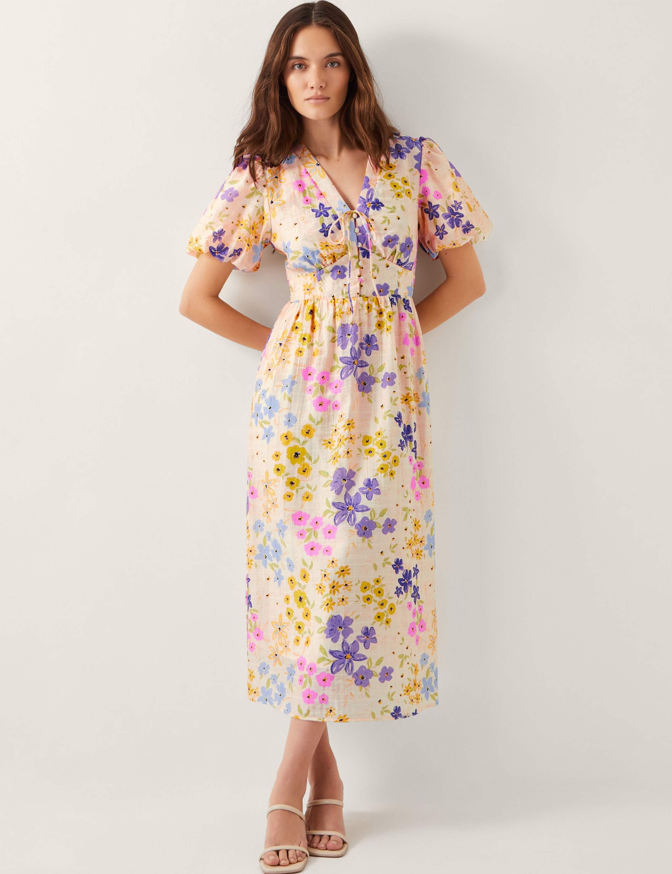 Floral V-Neck Midi Waisted Dress