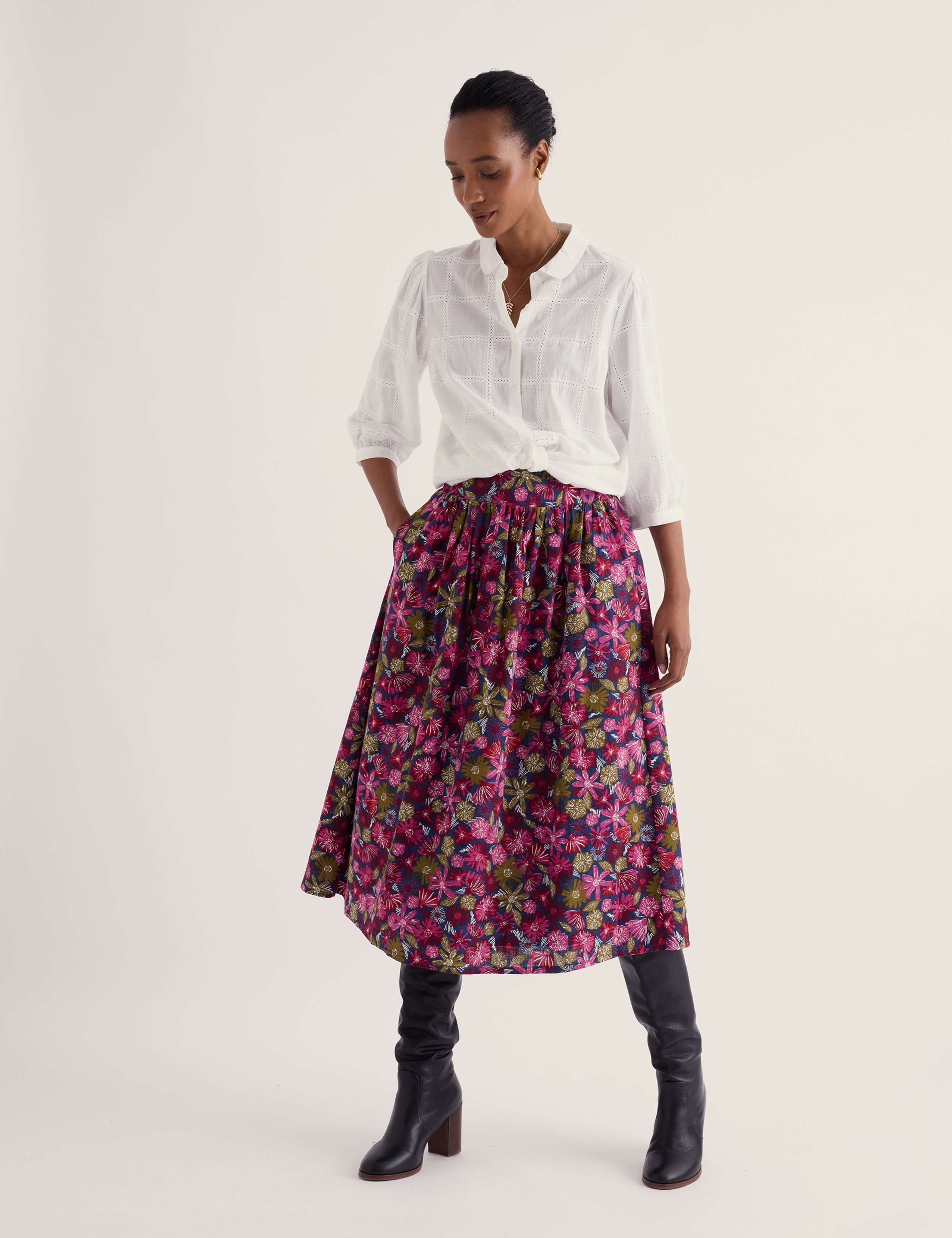 Pure Cotton Floral Midi A-Line Skirt