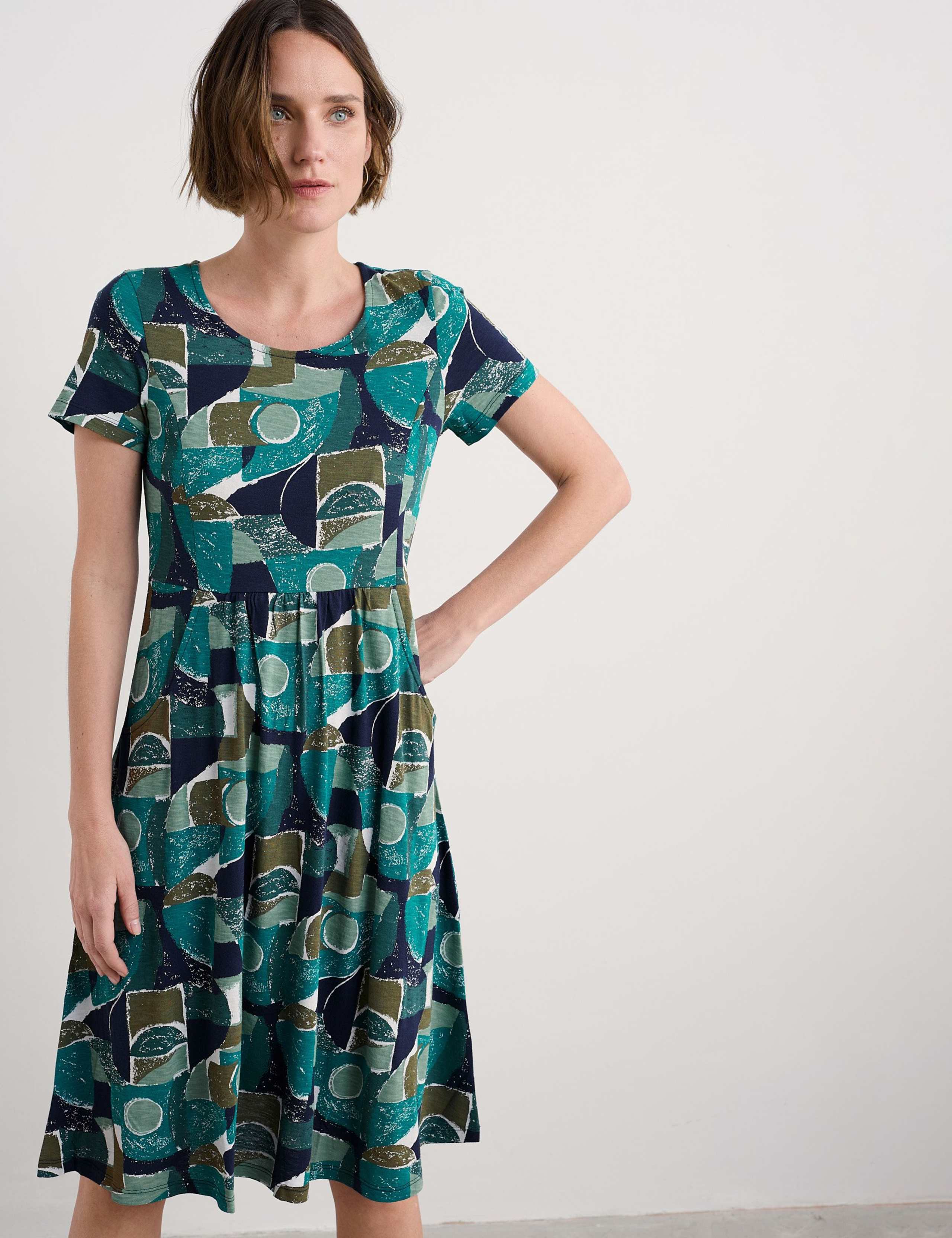 Cotton Geometric Print Midi Dress