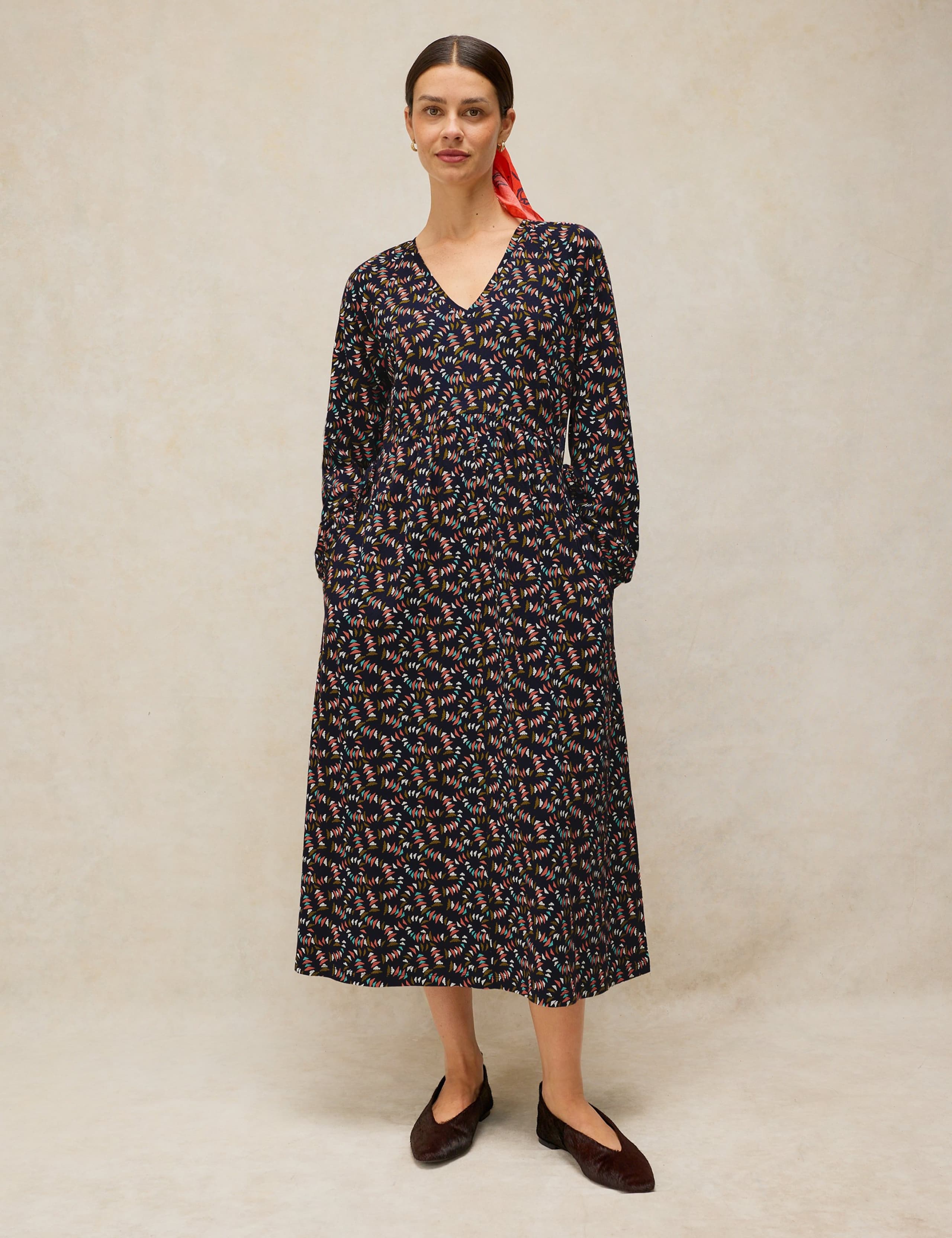 Jersey Printed V Neck Midi Tea Dress