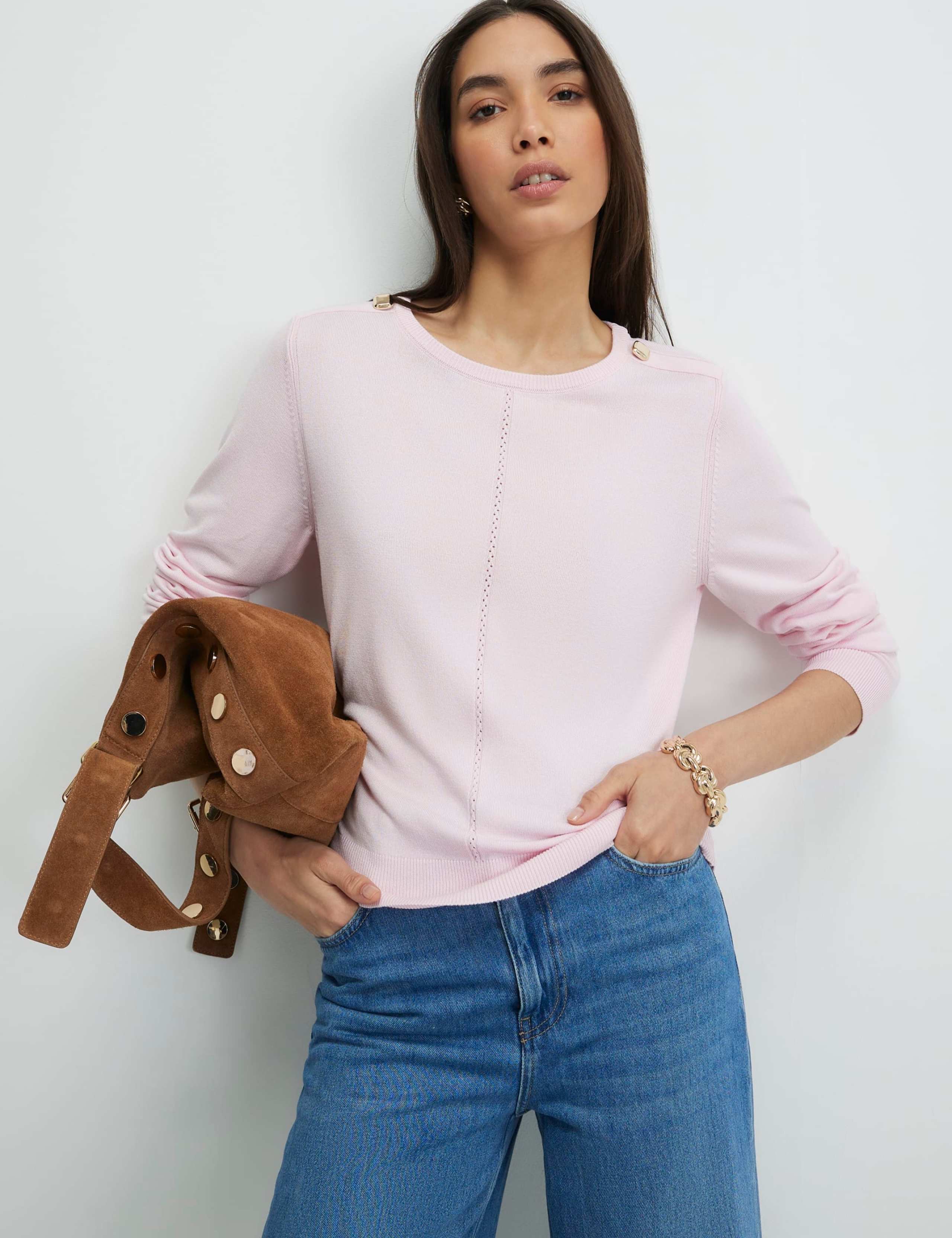 Crew Neck Button Detail Knitted Top
