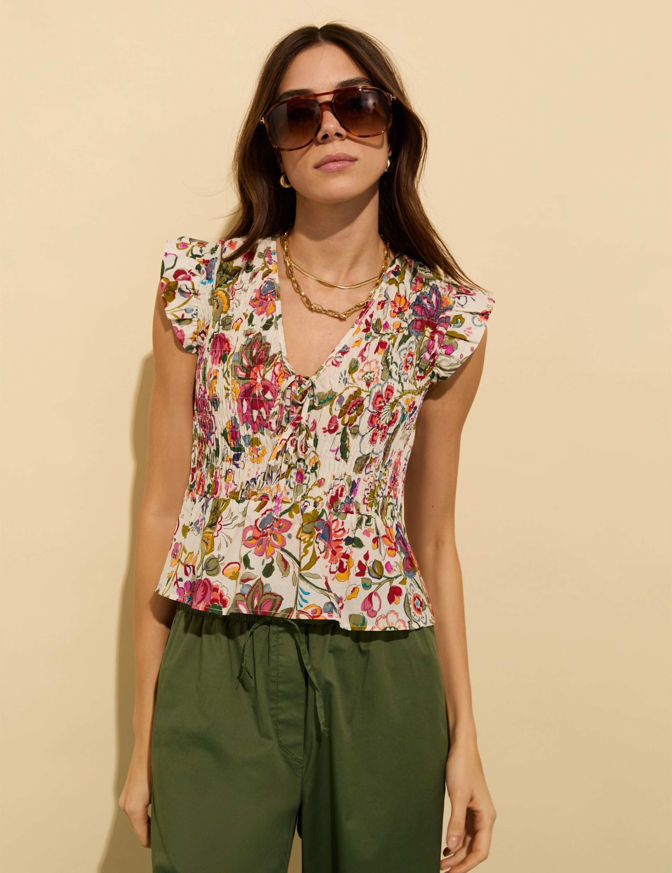Pure Cotton Floral V-Neck Smocked Blouse