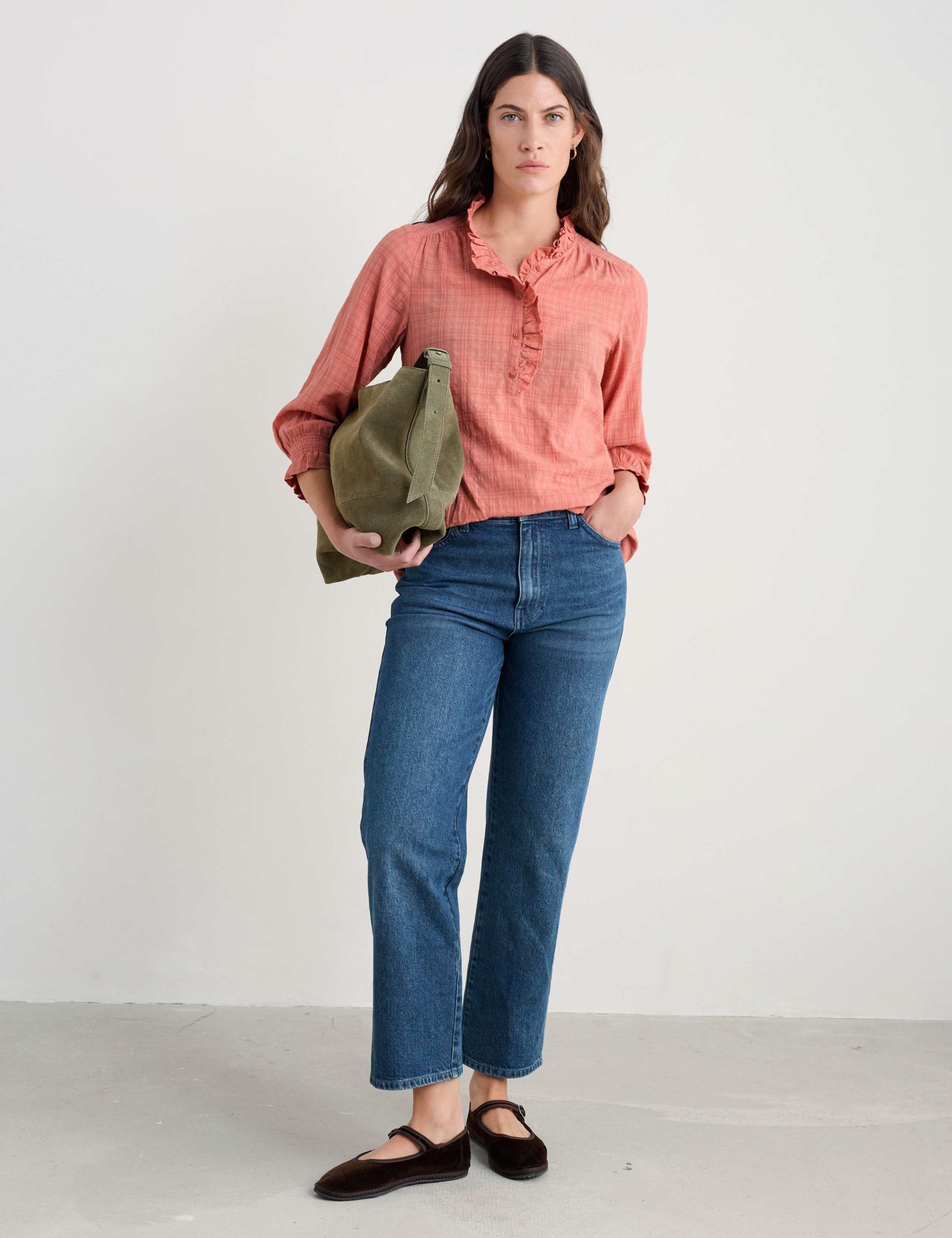 Cotton Rich Checked Ruffle Blouse