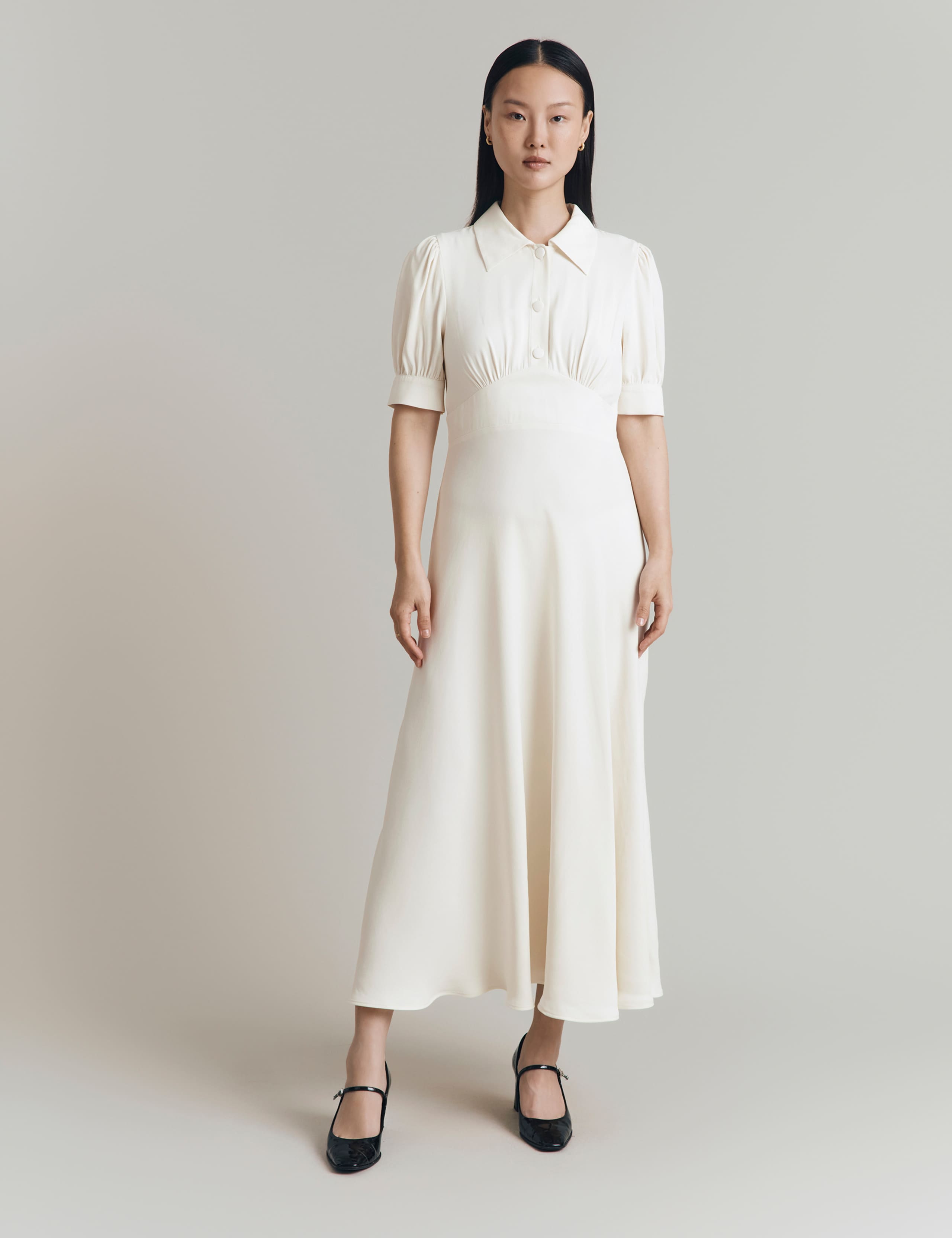Crepe Puff Sleeve Midi Tea Dress