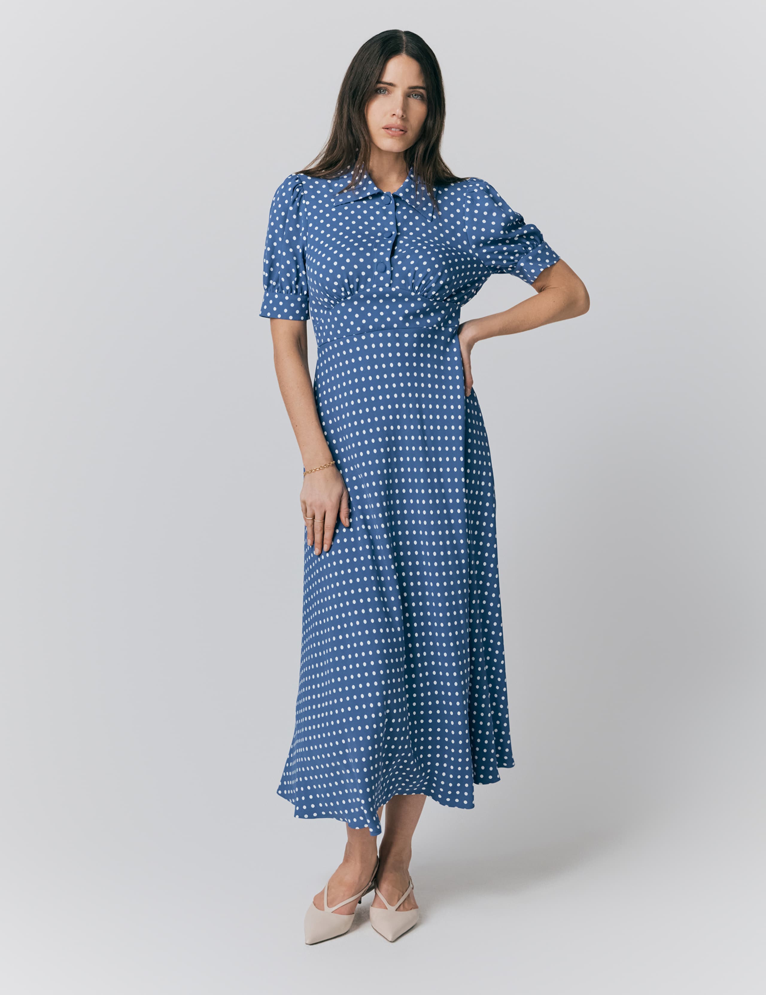 Crepe Polka Dot Button Front Midi Tea Dress