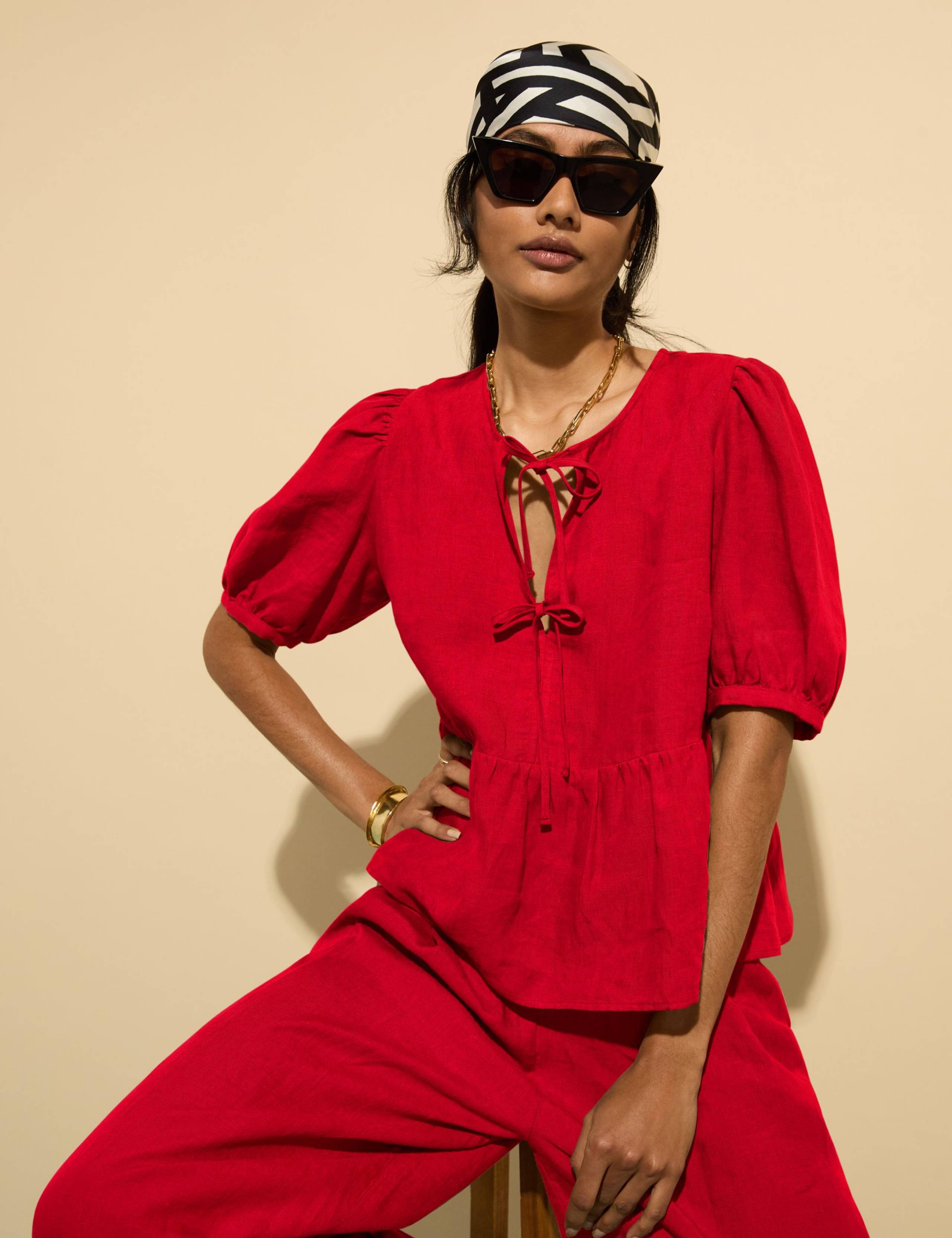 Pure Linen Tie Front Blouse