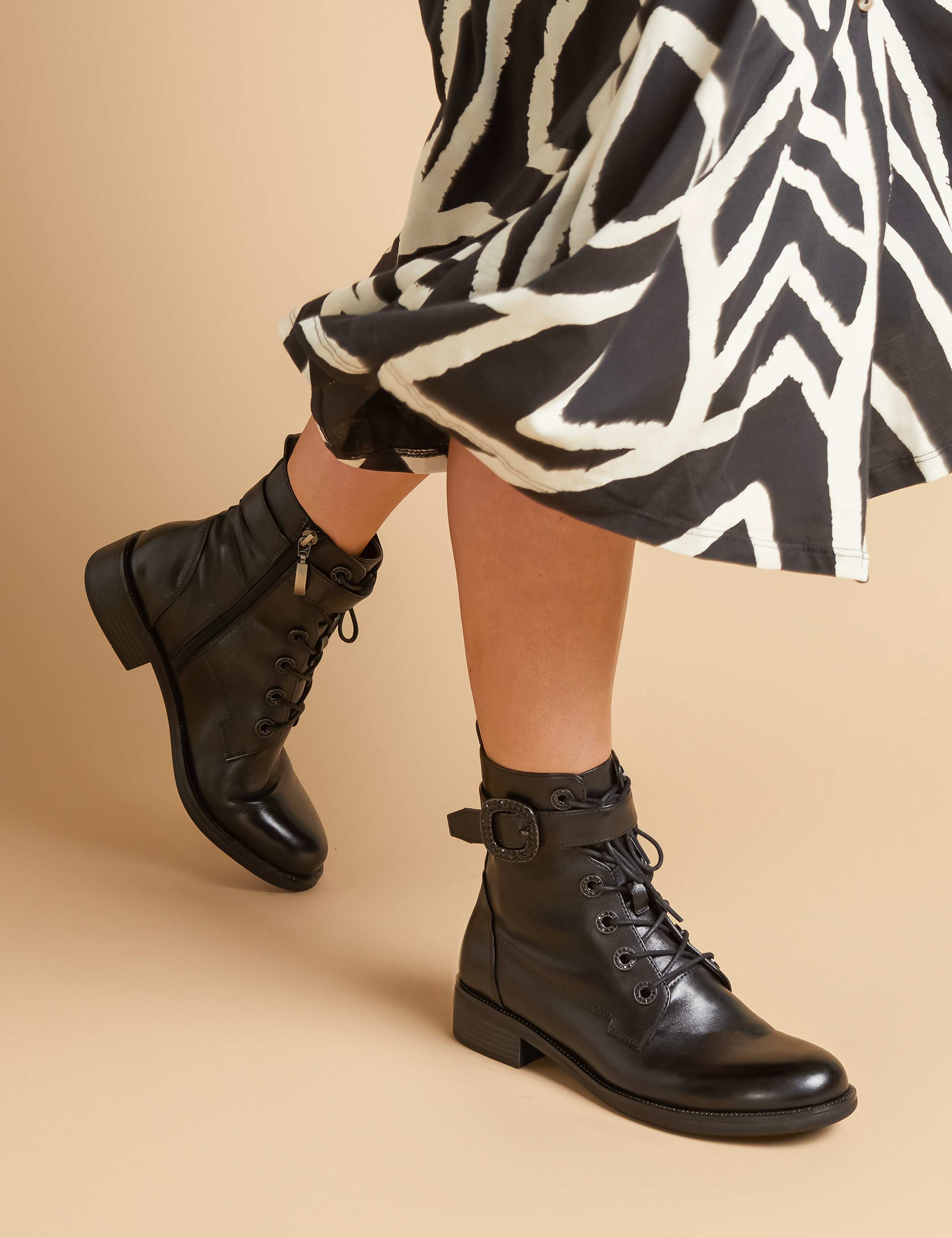 Leather Lace Up Buckle Flat Ankle Boots