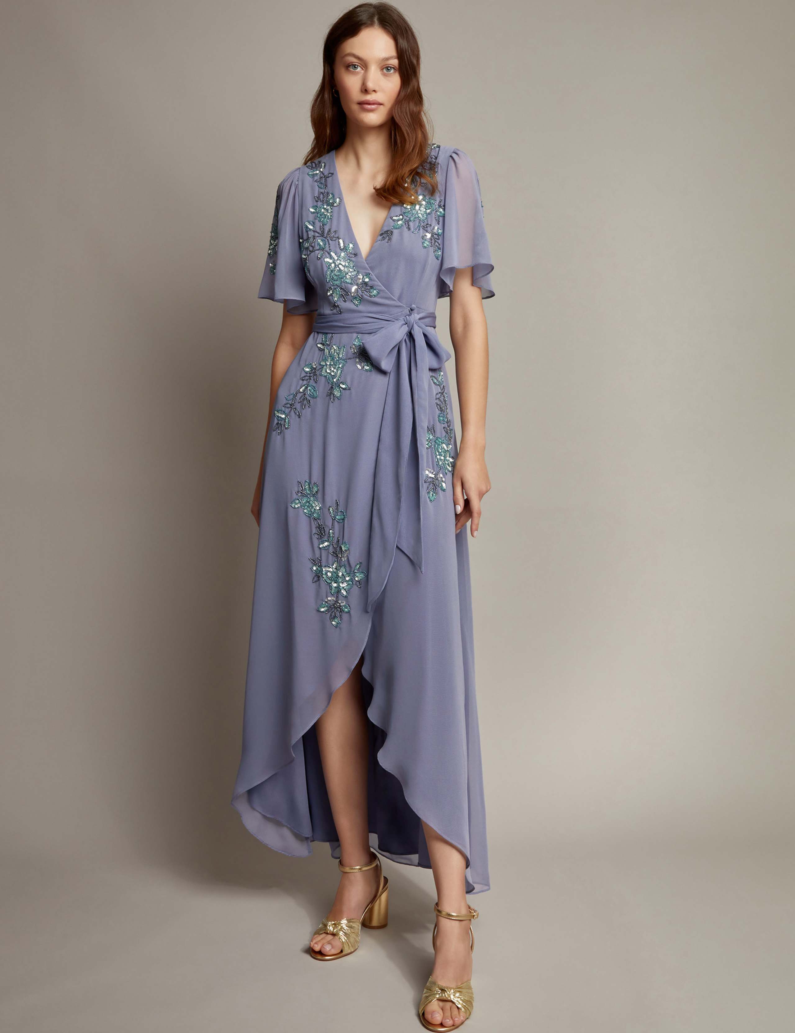 Embroidered V-Neck Maxi Wrap Dress