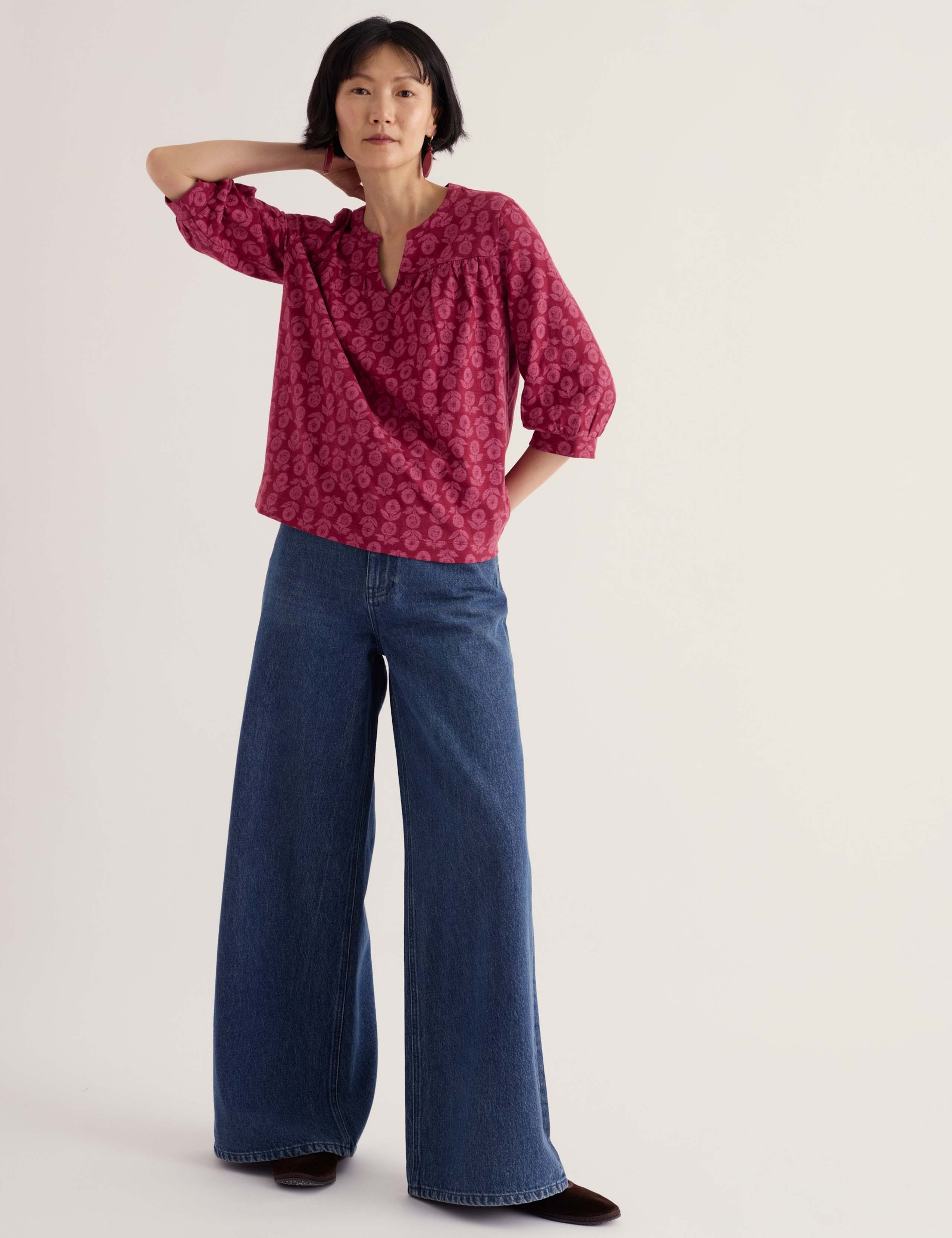 Pure Cotton Floral Notch Neck Top