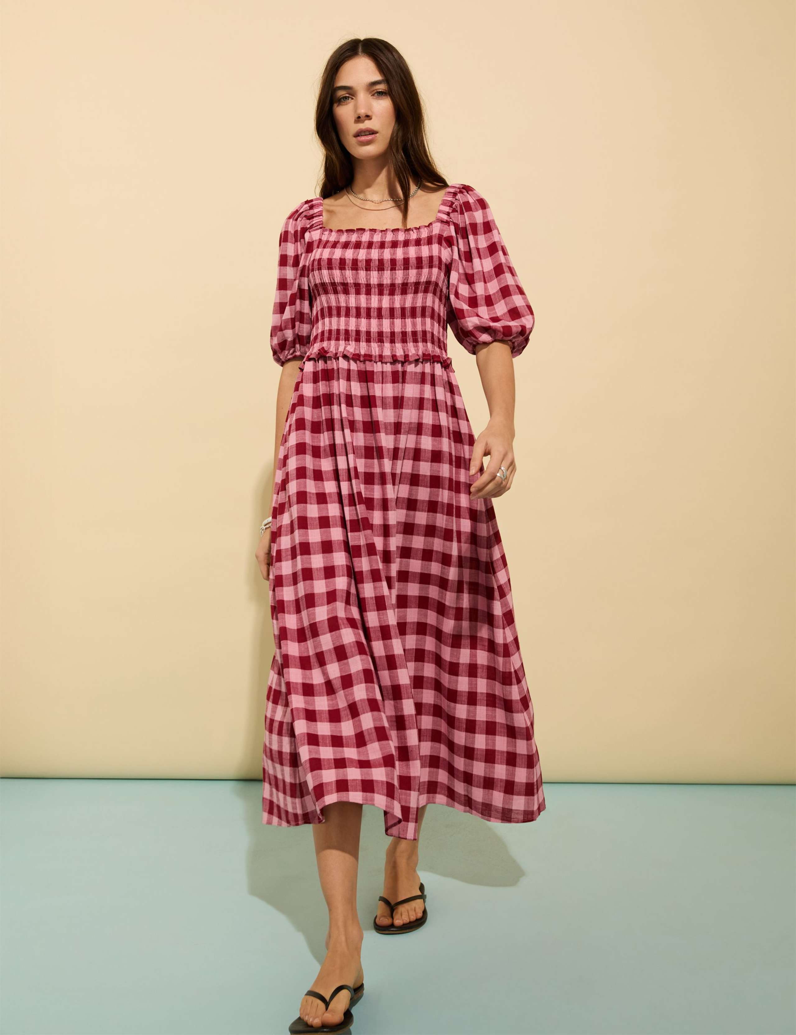 Checked Square Neck Midi Dress with Linen