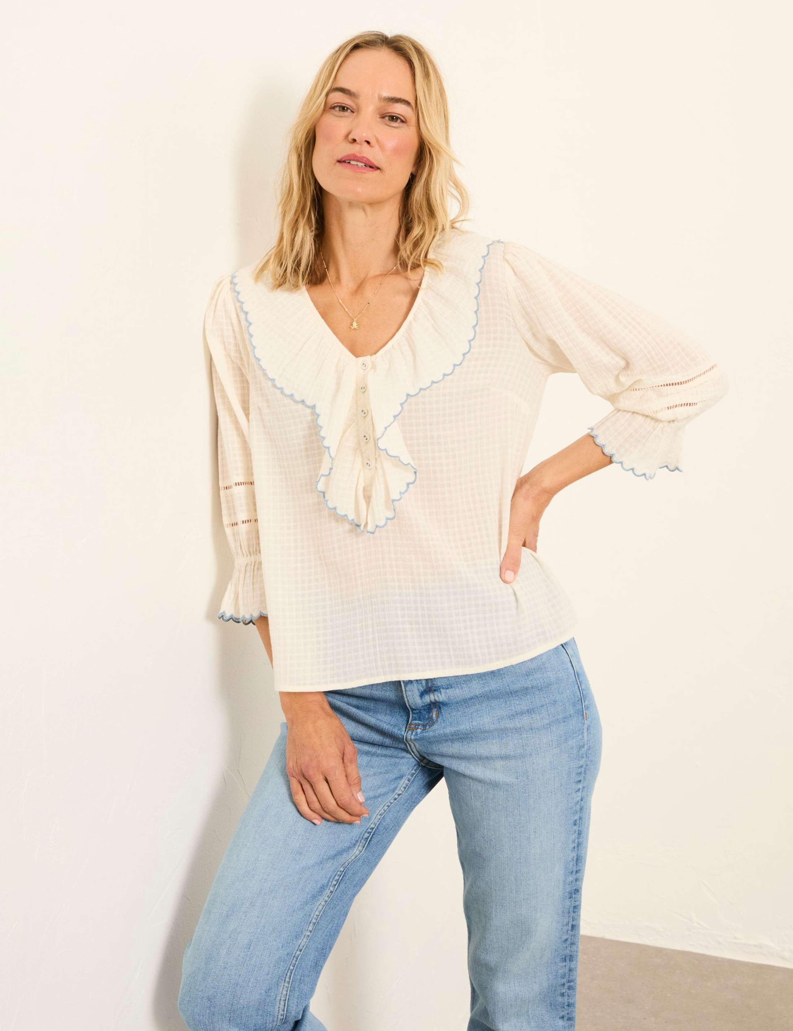 Pure Cotton Broderie V-Neck Blouse