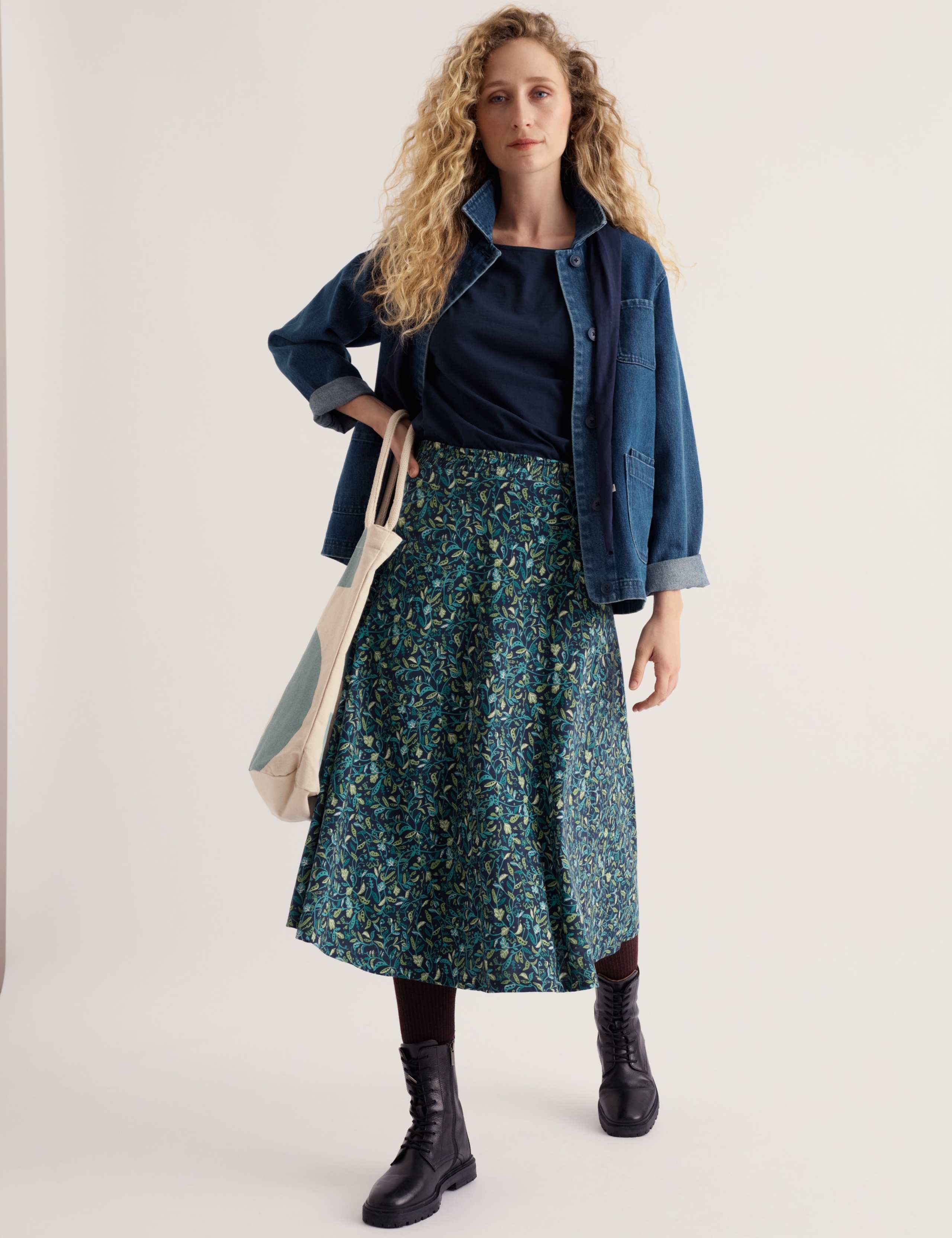 Cotton Rich Floral Midi A-Line Skirt