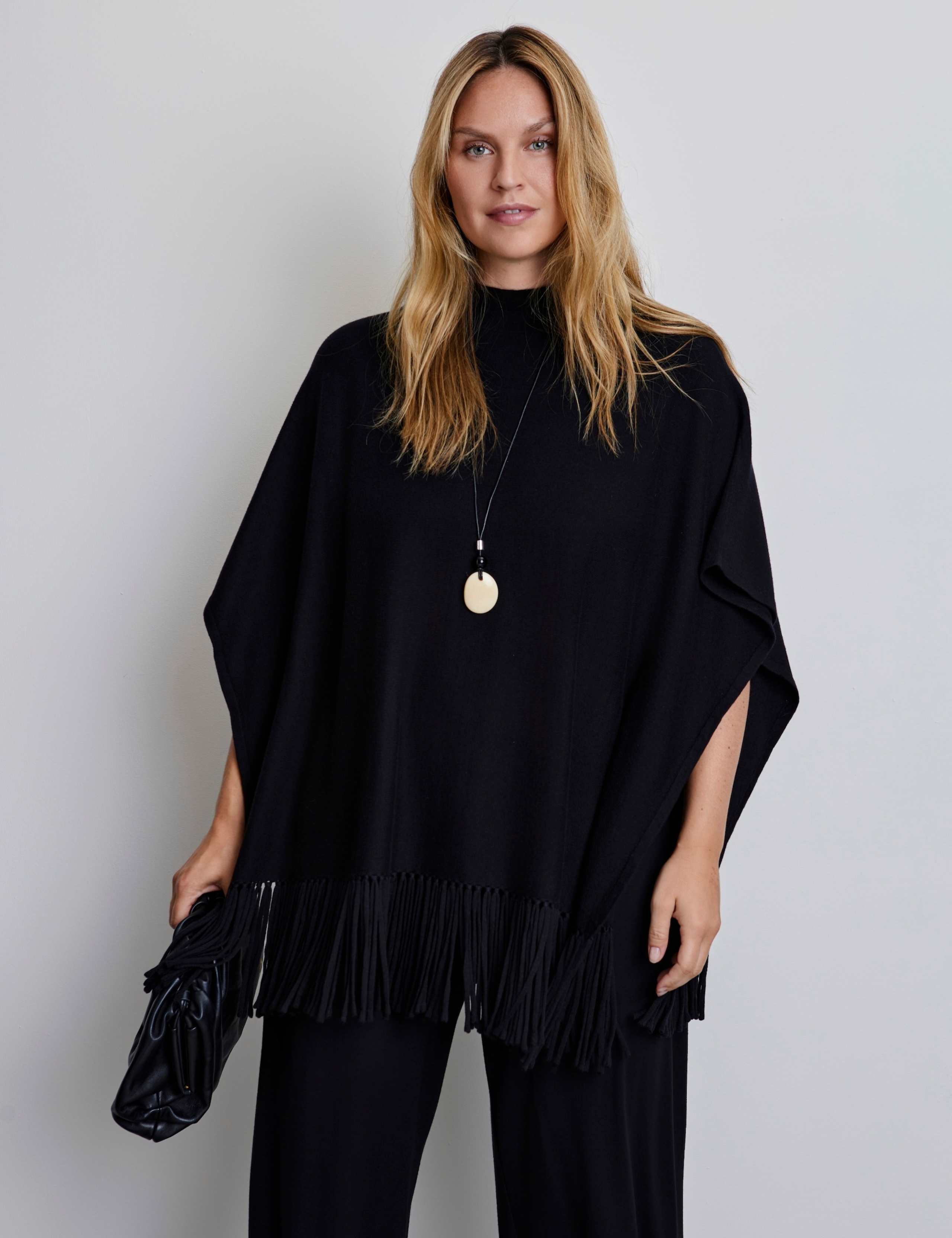 Cotton Blend High Neck Fringe Poncho