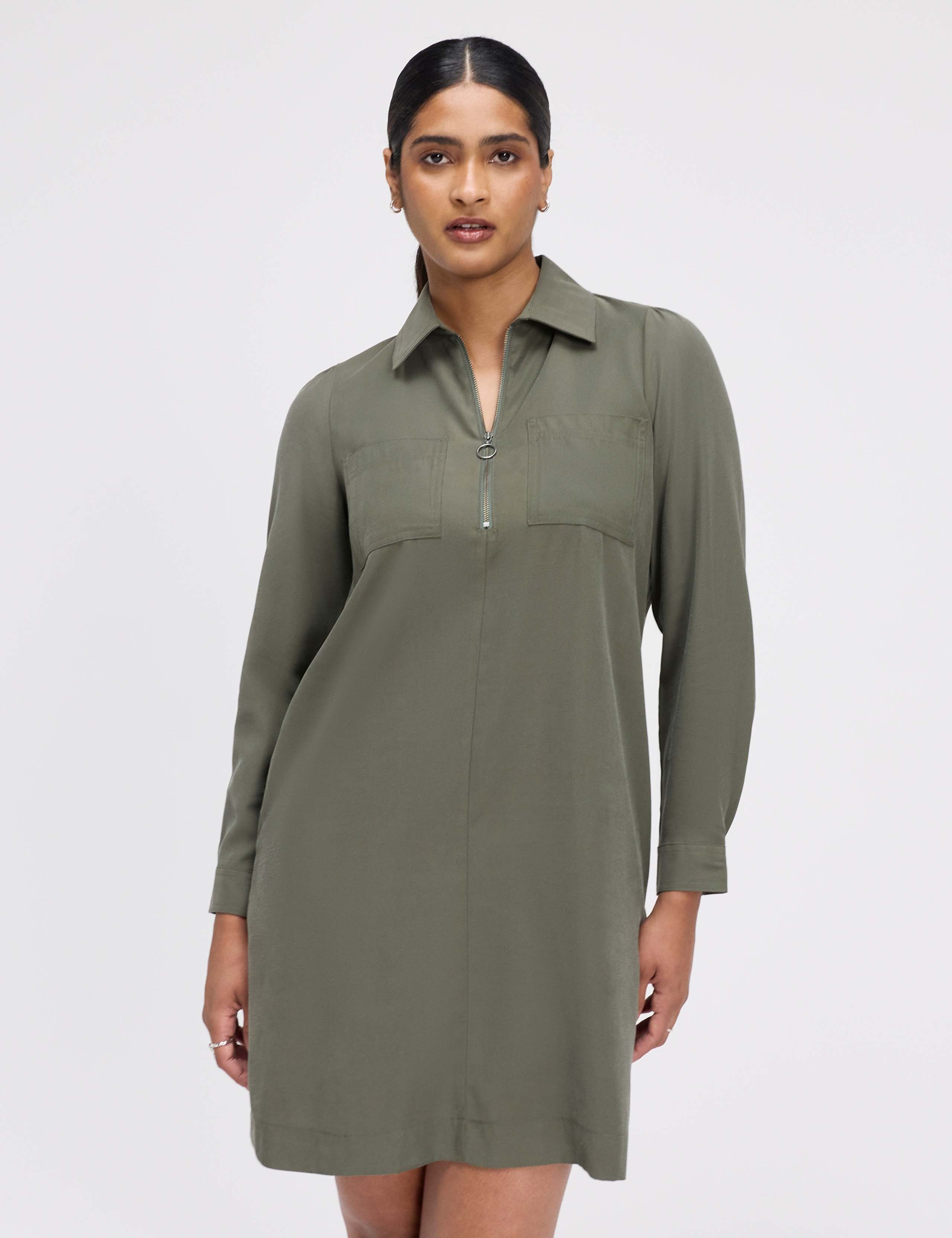 Collared Zip Up Mini Shirt Dress