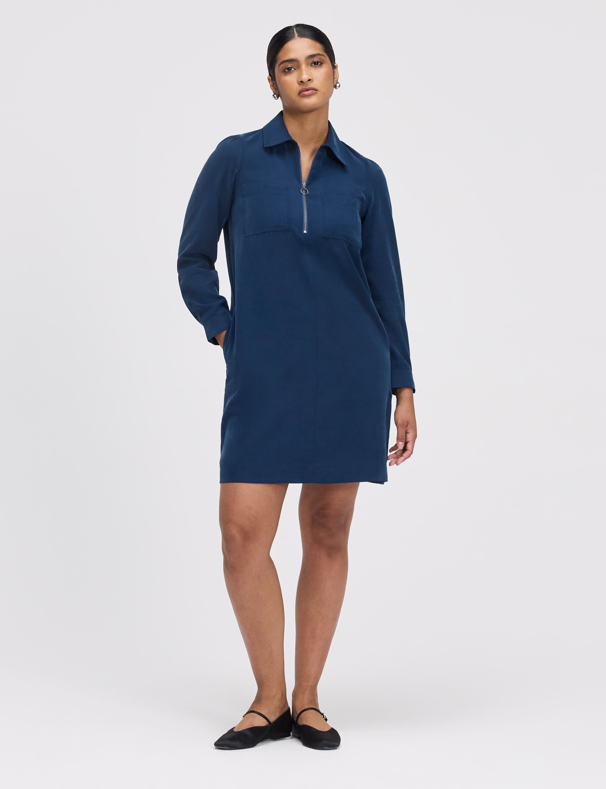 Collared Zip Up Mini Shirt Dress