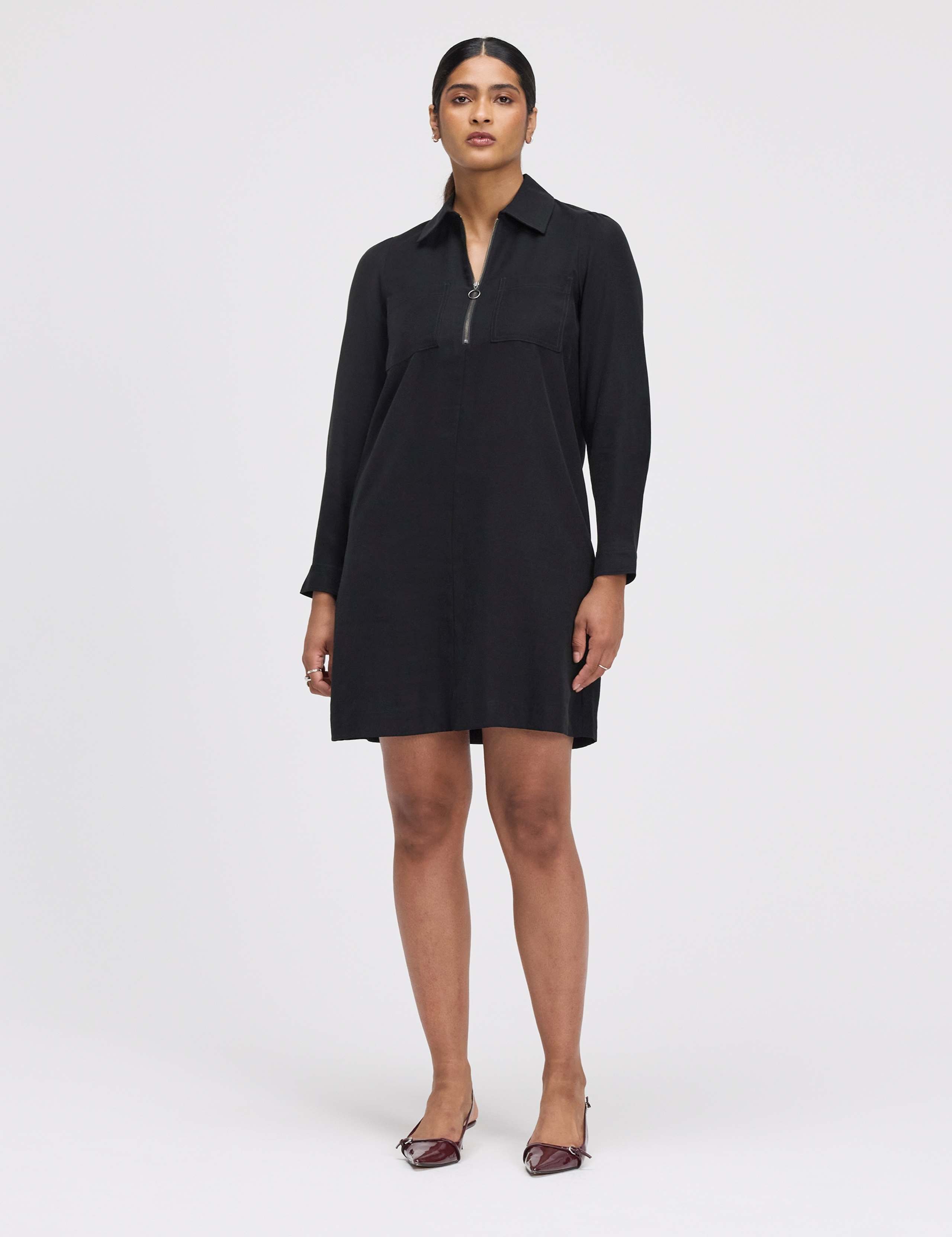 Collared Zip Up Mini Shirt Dress