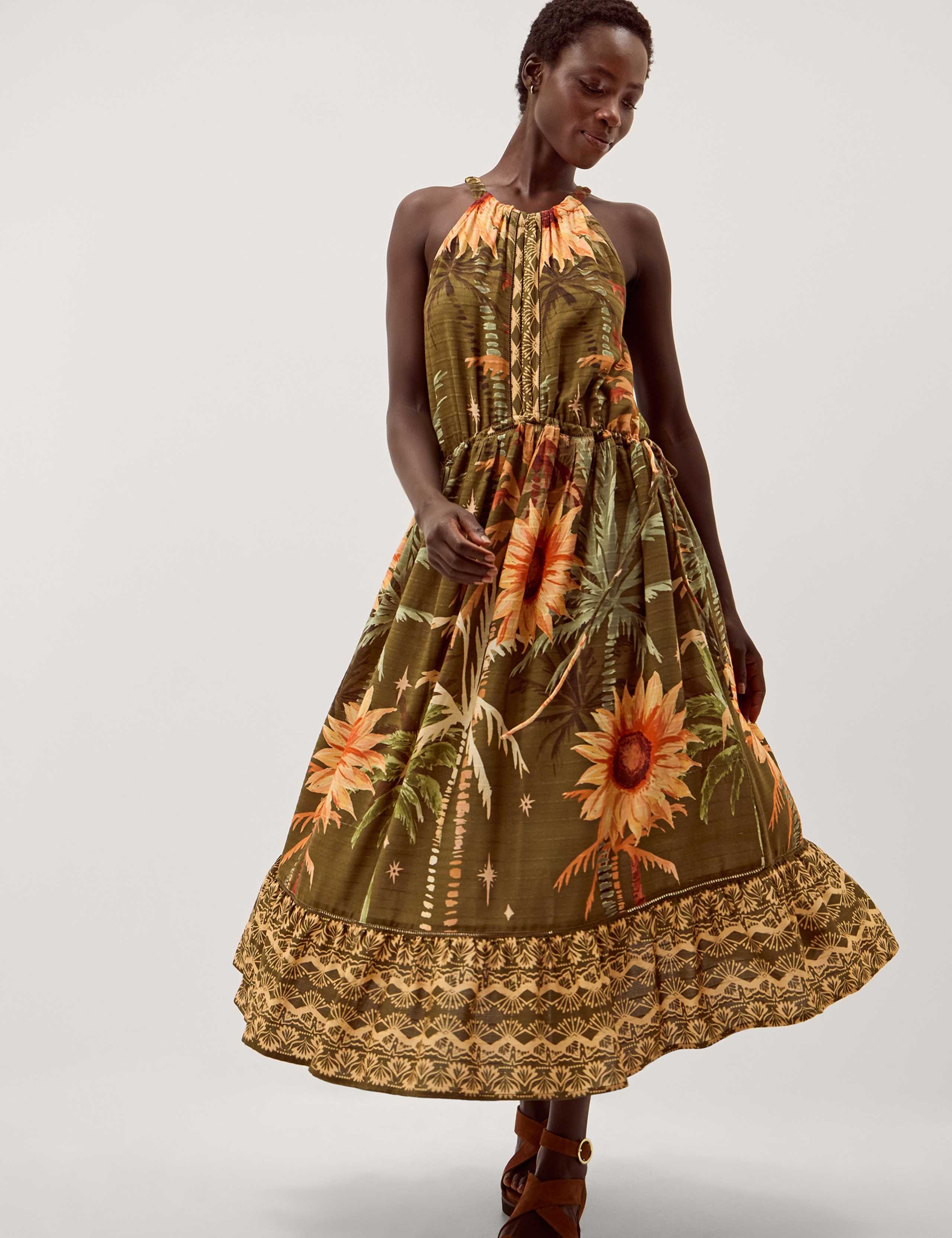 Tropical Print Halter Neck Midi Dress