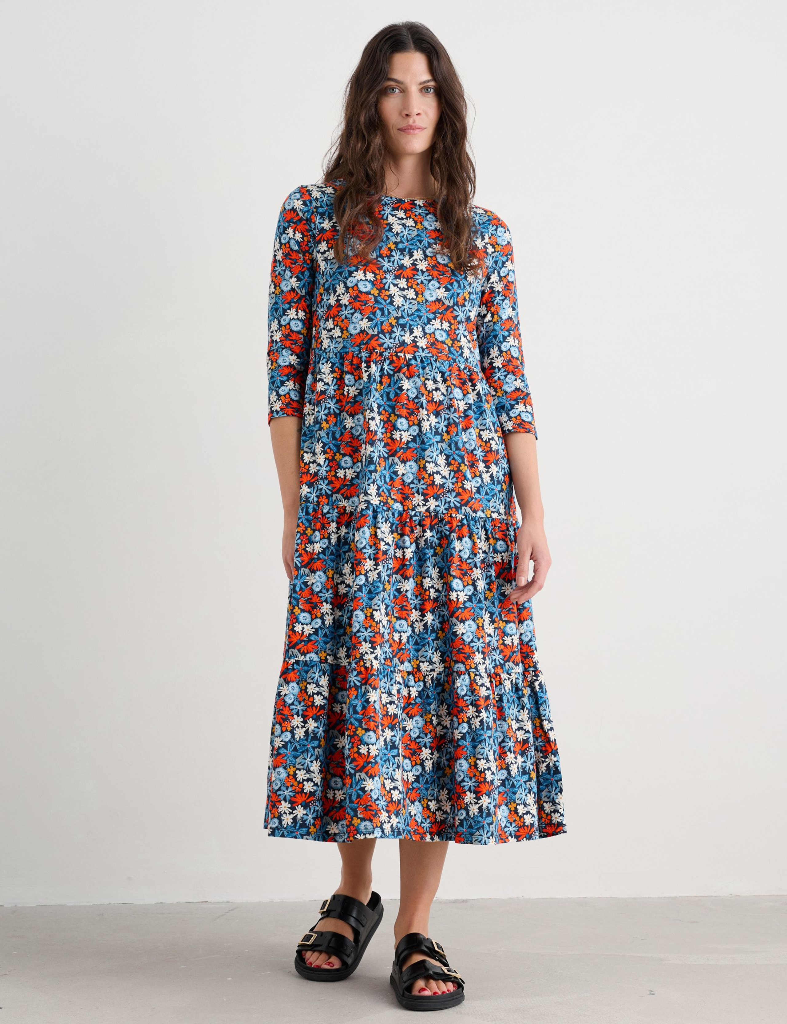 Pure Cotton Floral Midaxi Tiered Dress