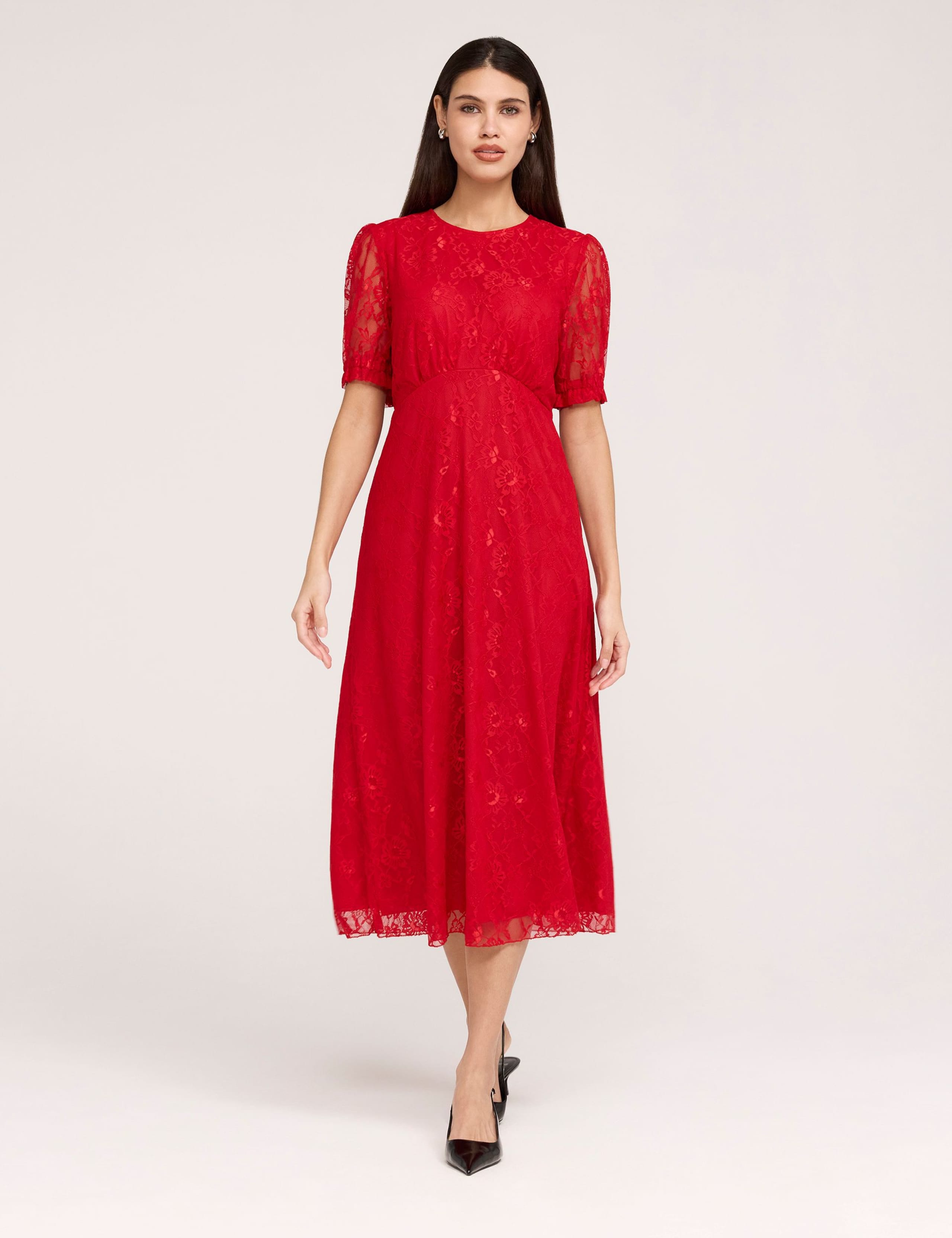 Floral Lace Puff Sleeve Midi Skater Dress