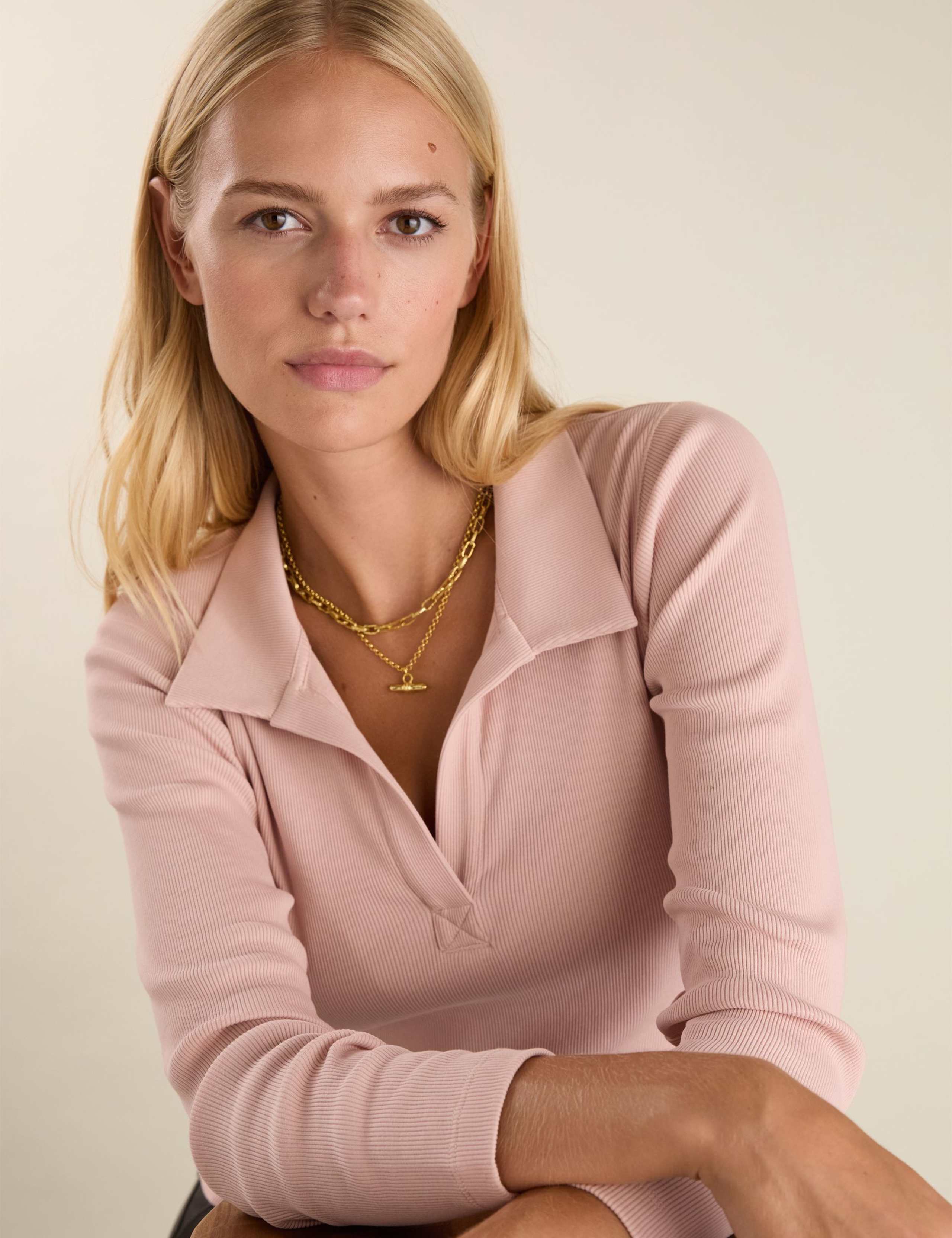Pure Cotton Ribbed Open Collar Top