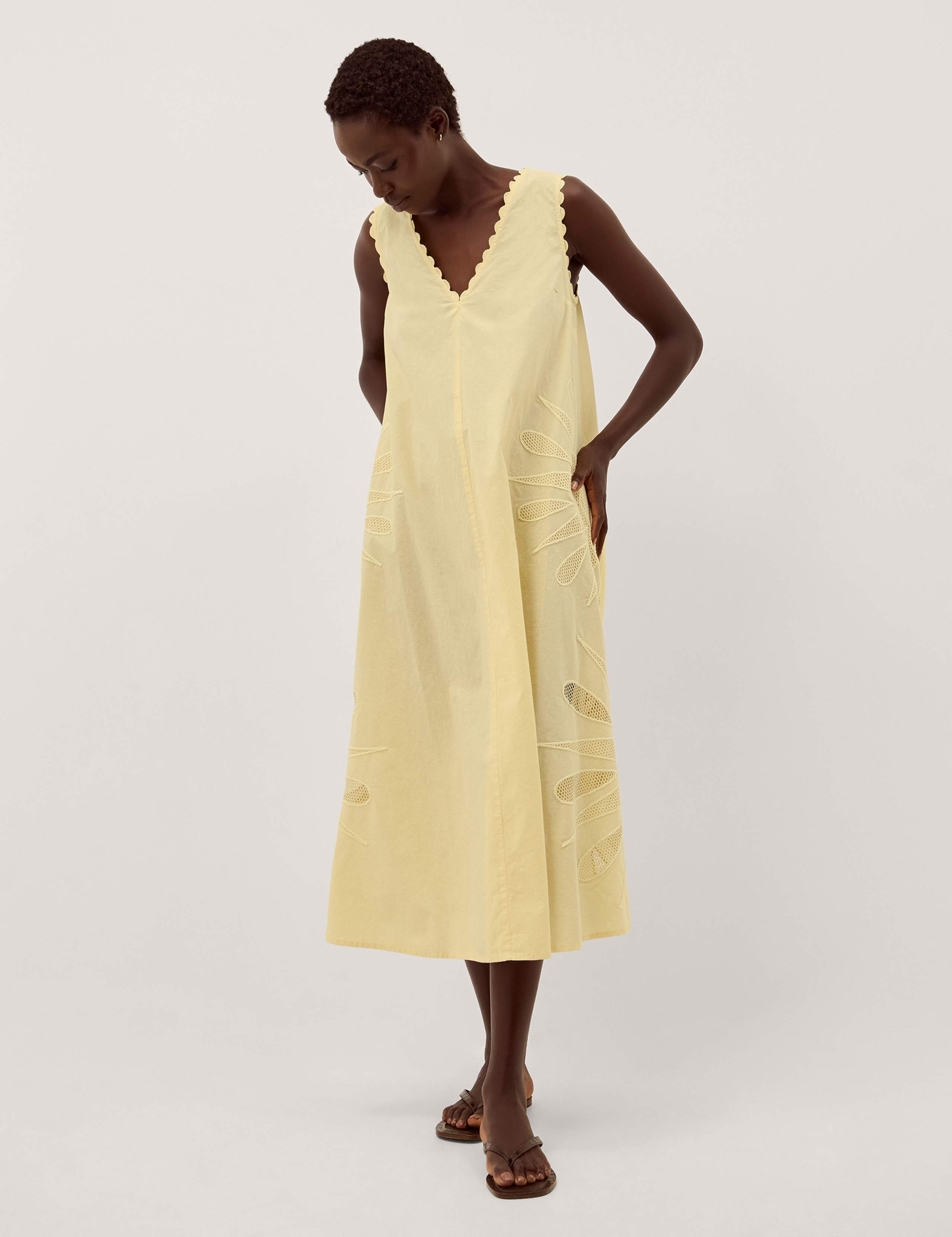 Pure Cotton V-Neck Cutwork Midi Swing Dress