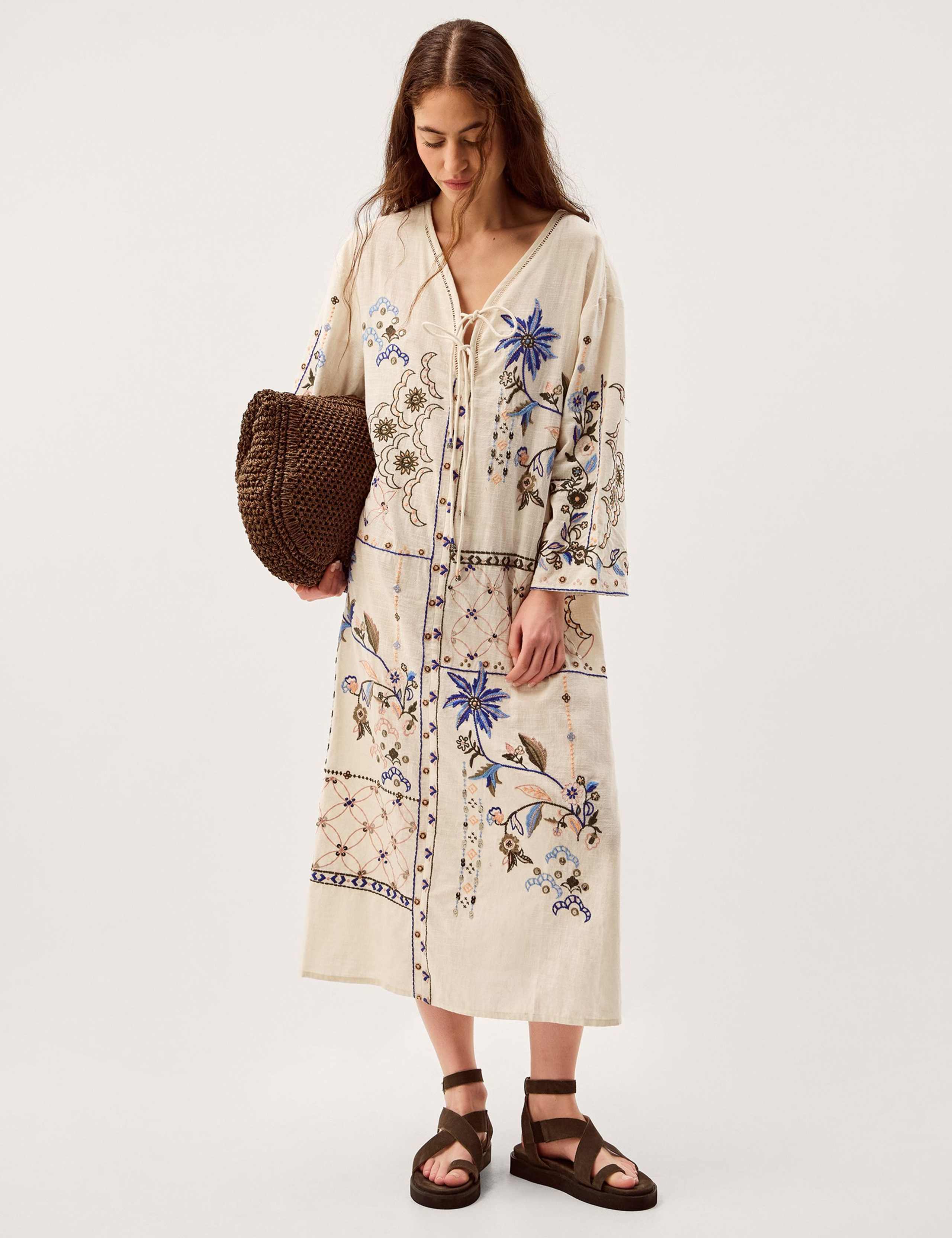 Pure Cotton Embroidered V-Neck Kaftan Dress