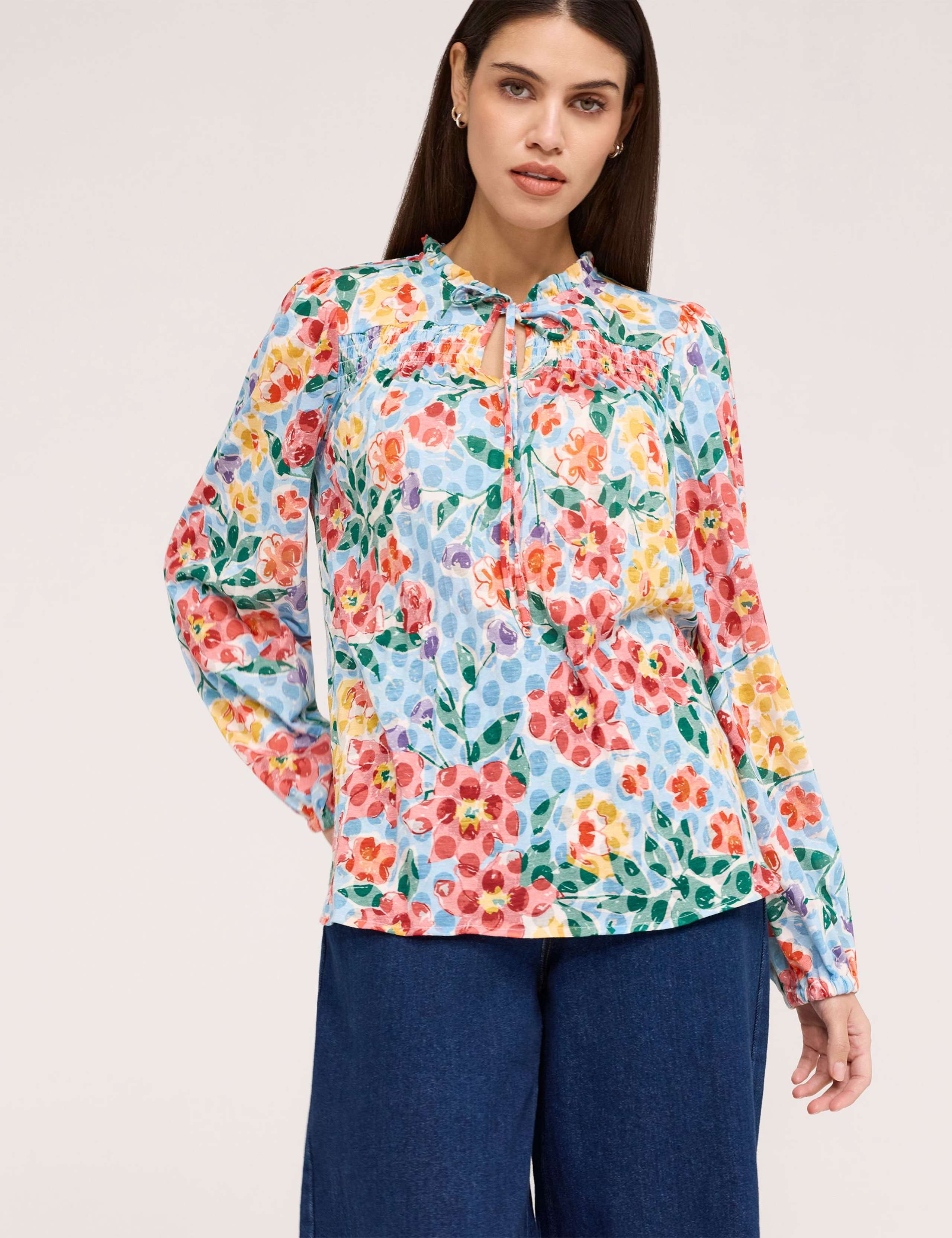 Pure Cotton Floral Tie Neck Blouse