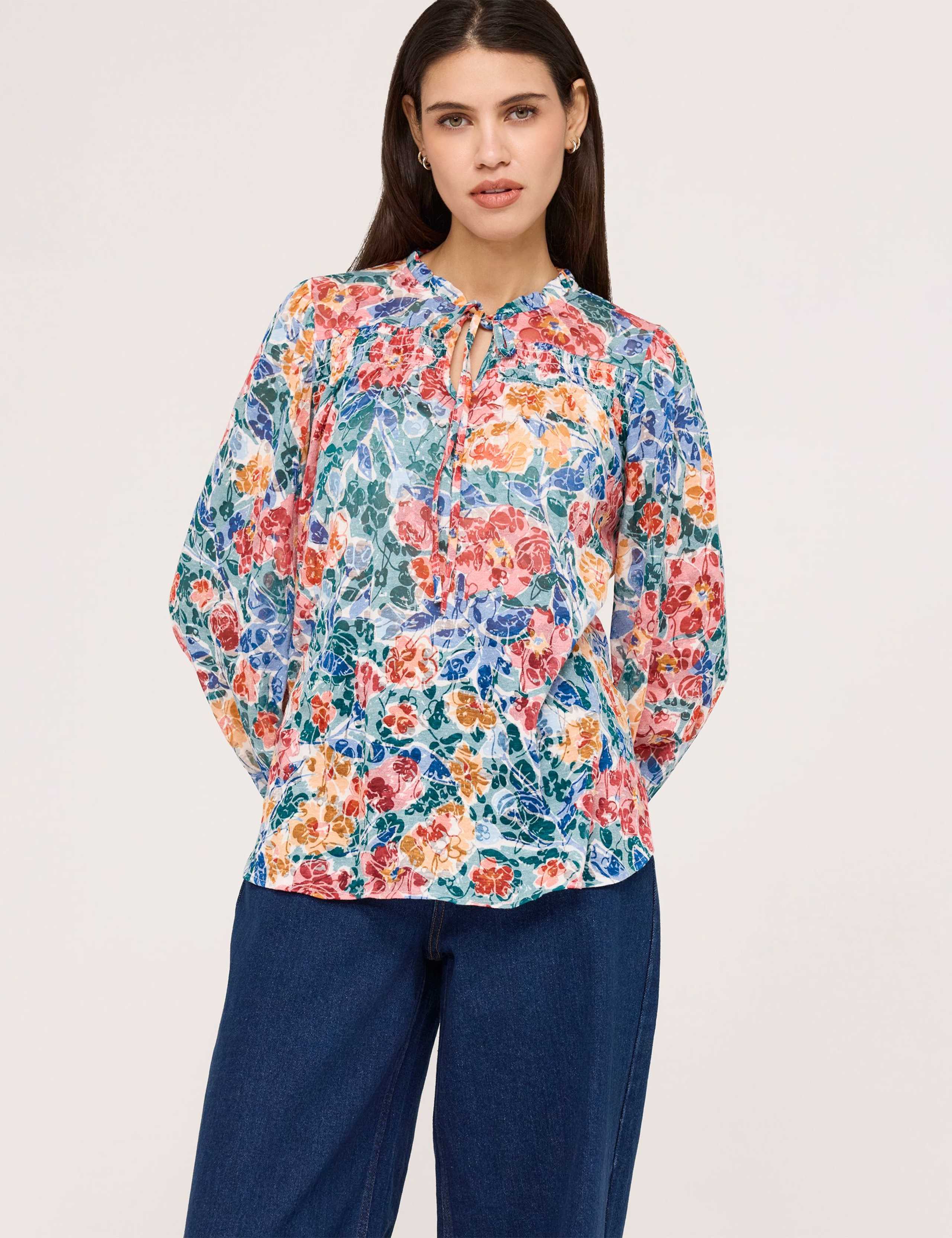 Pure Cotton Floral Tie Neck Blouse