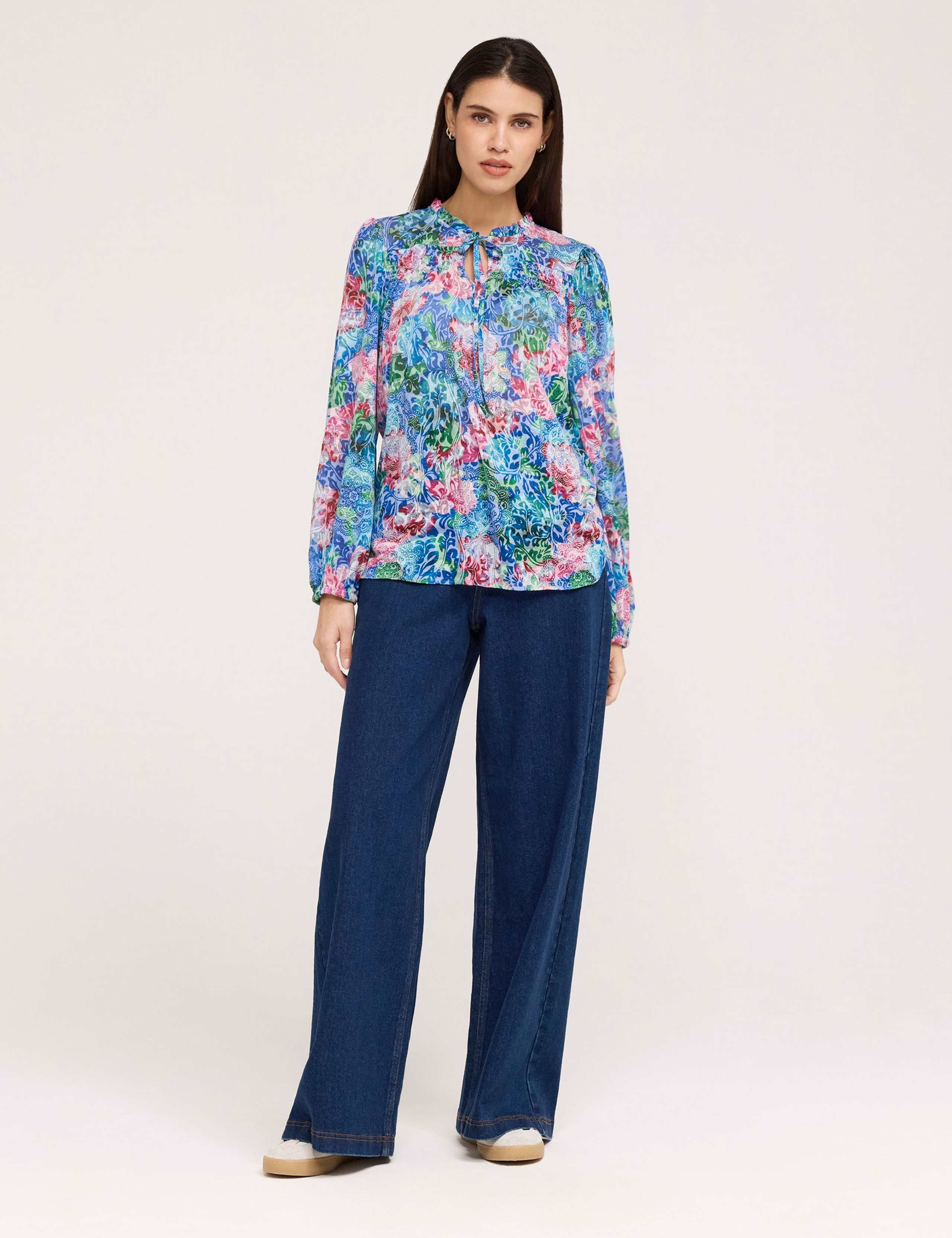 Pure Cotton Floral Tie Neck Blouse
