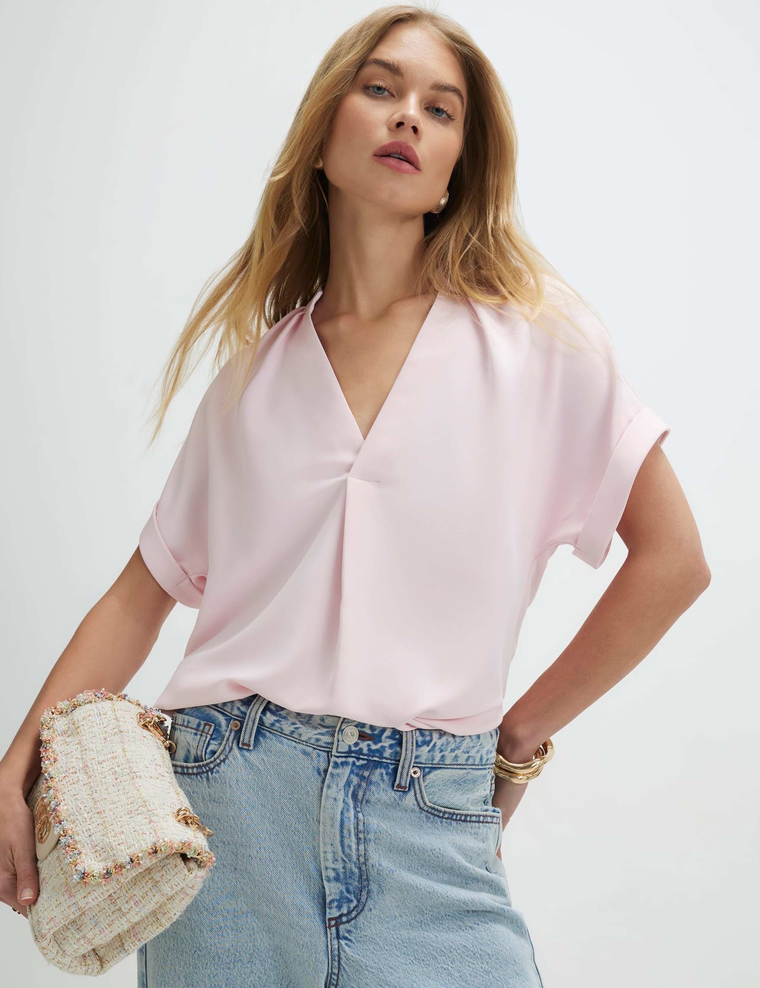 Woven Notch Neck Stepped Hem T-Shirt