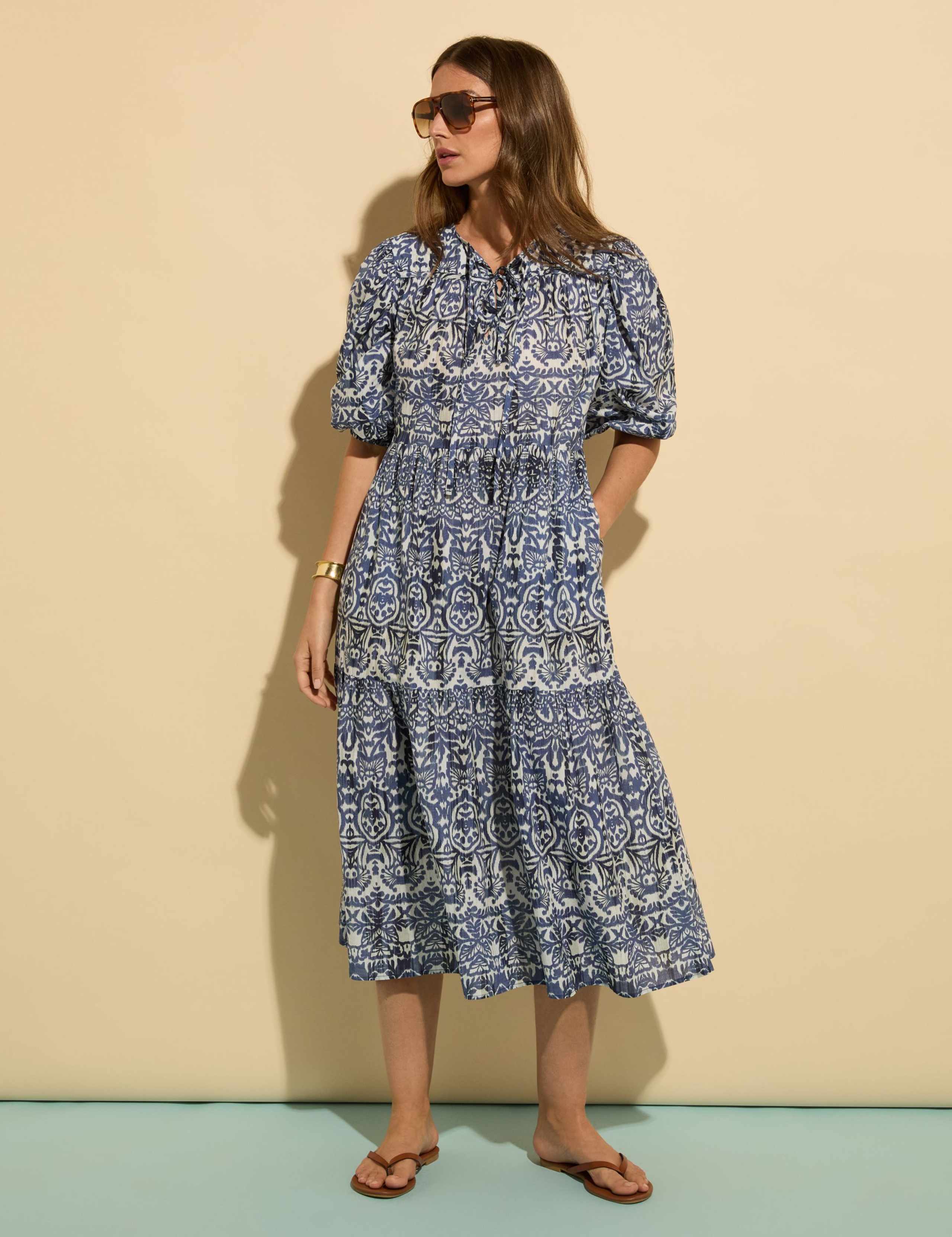 Pure Cotton Geometric Midi Tiered Dress