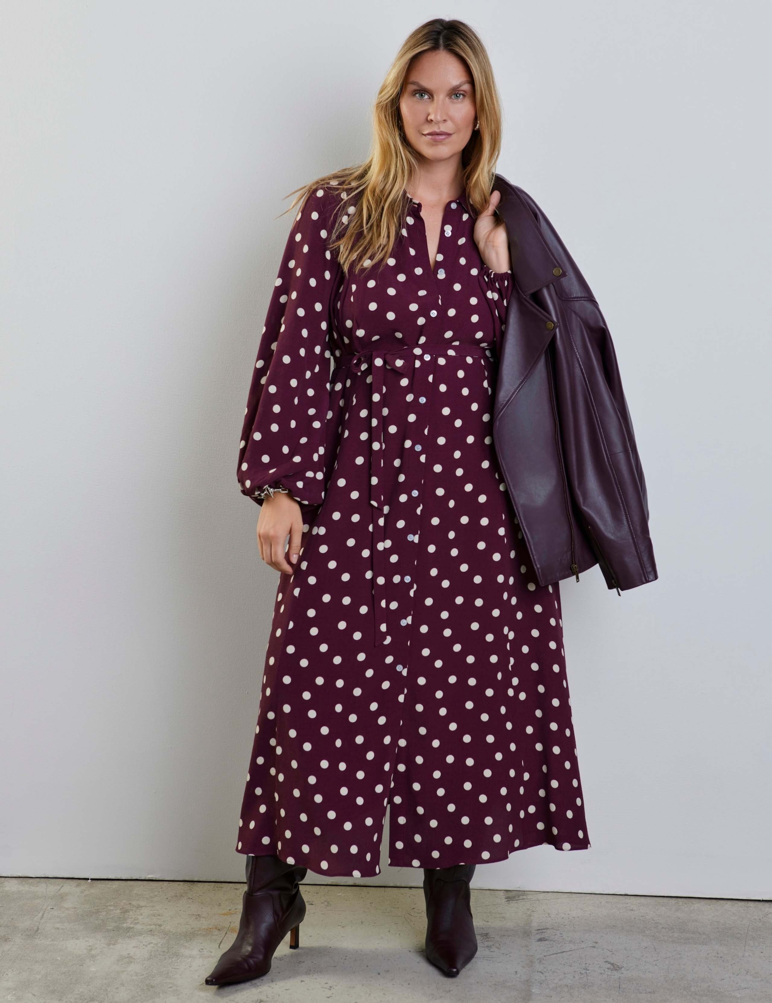 Polka Dot Tie Waist Midaxi Shirt Dress