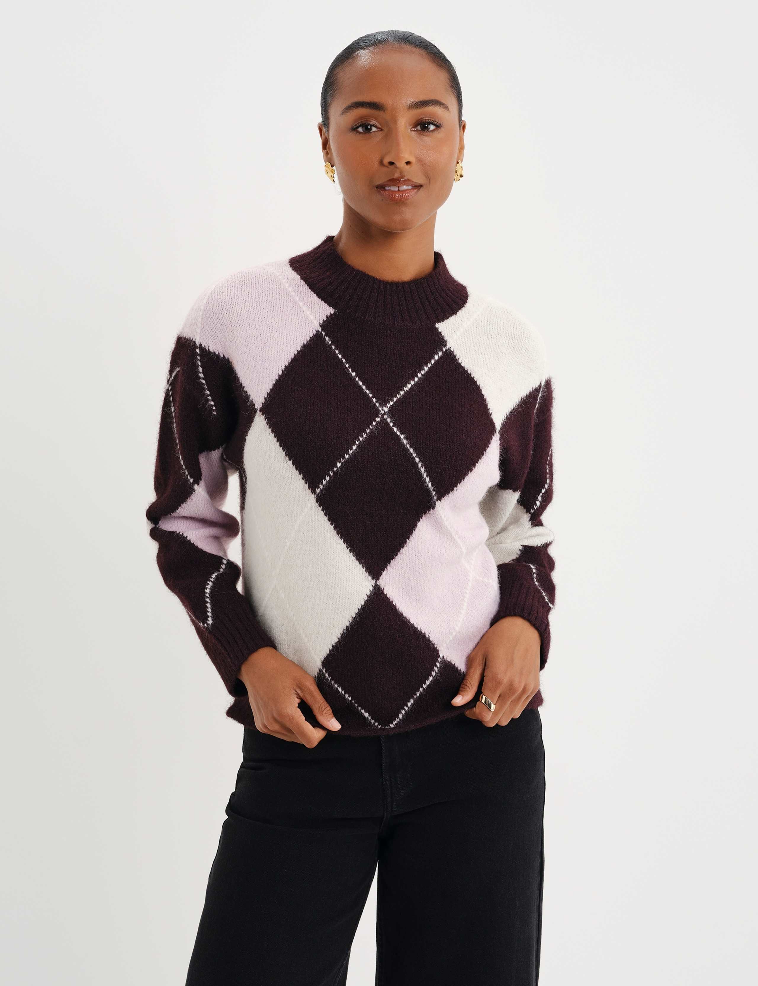 Argyle Funnel Neck Jumper with Wool