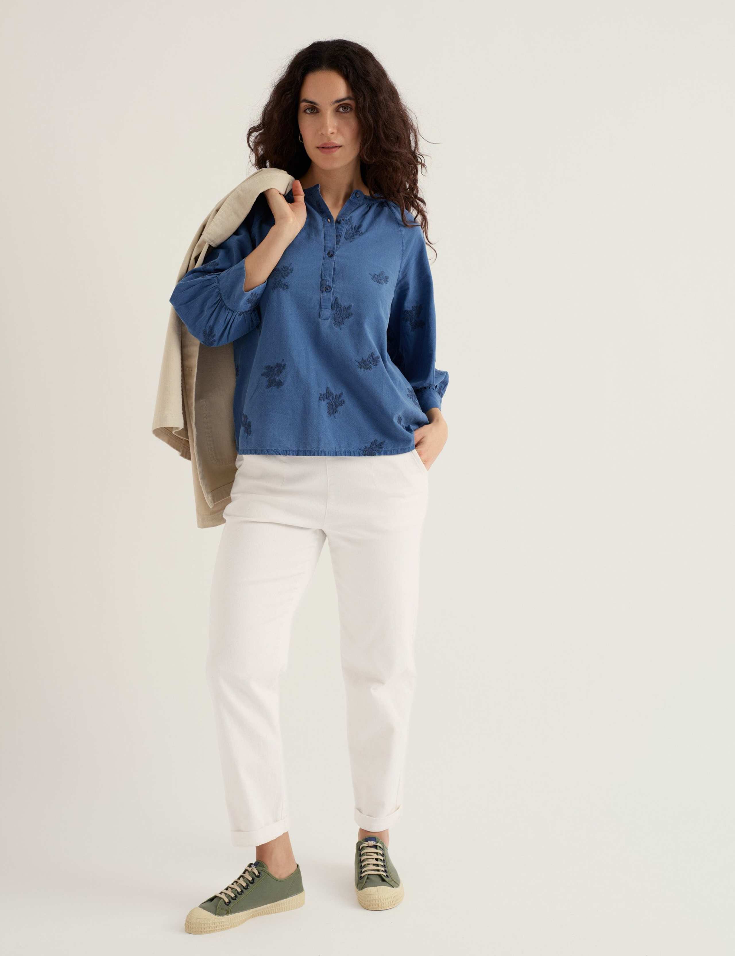 Pure Cotton Embroidered Blouson Sleeve Blouse