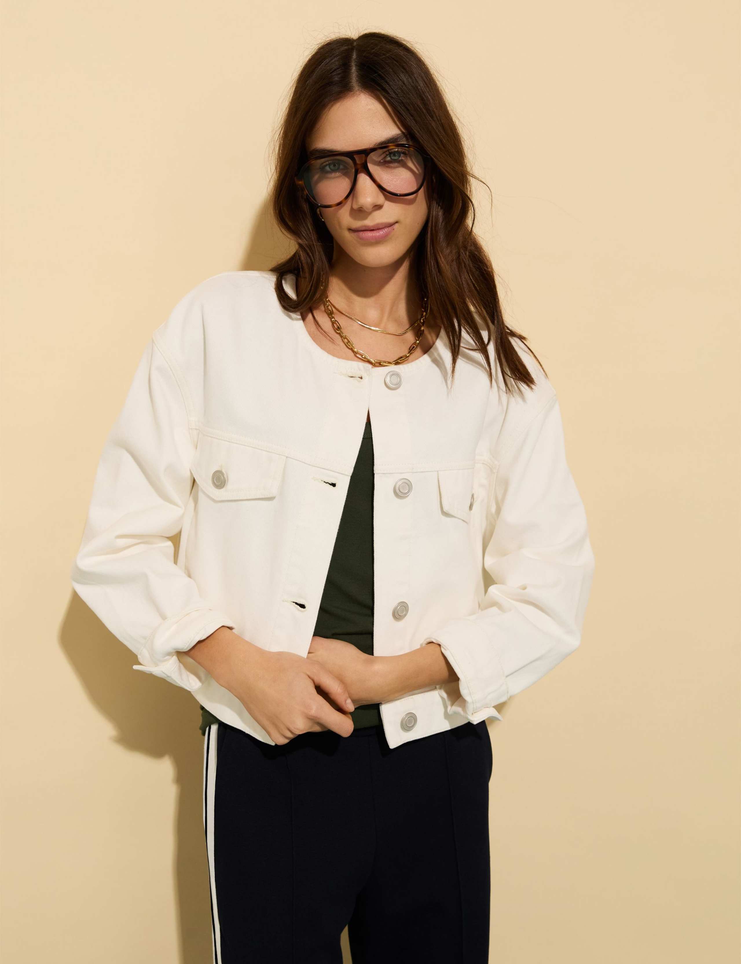 Denim Collarless Cropped Jacket
