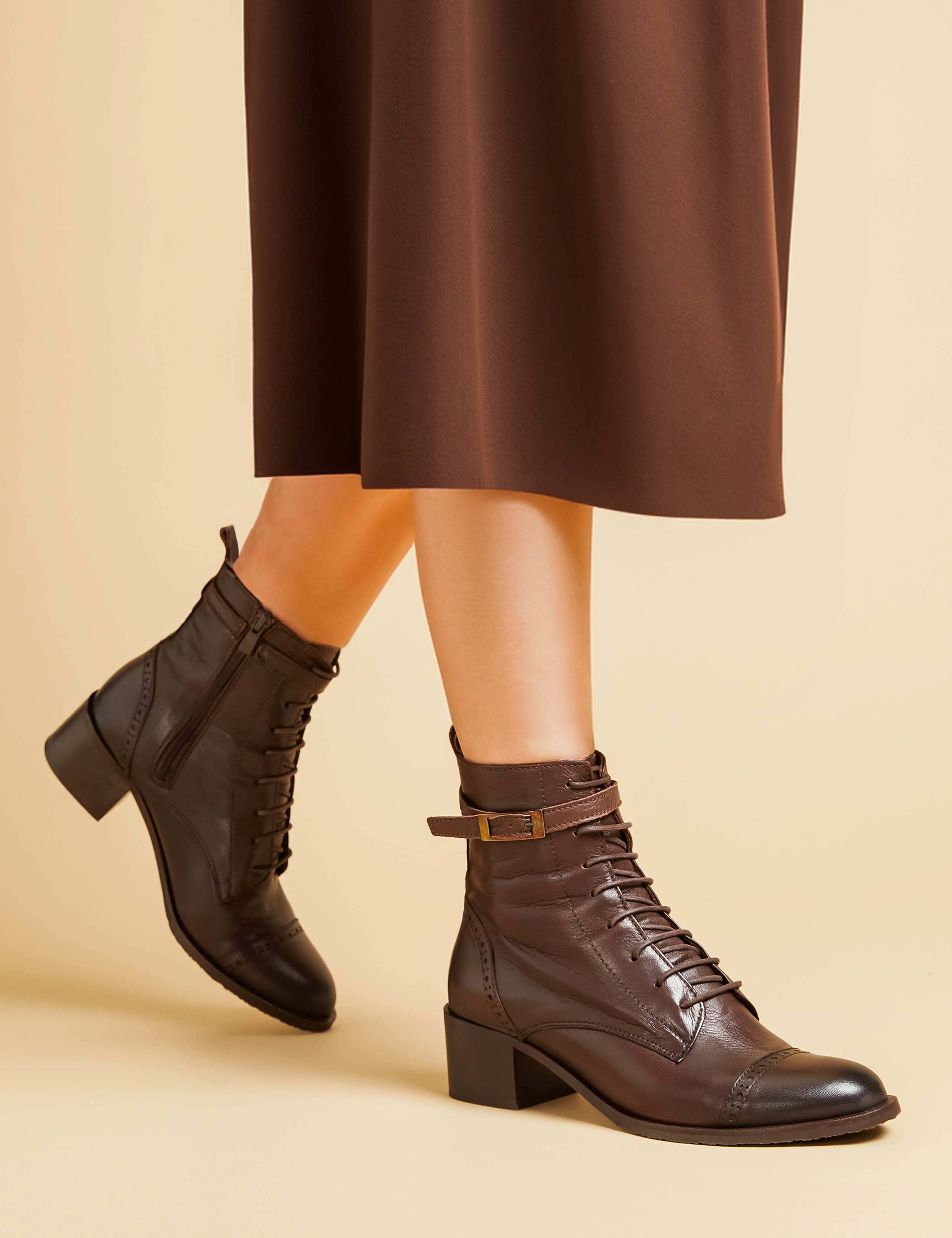 Leather Lace Up Block Heel Ankle Boots