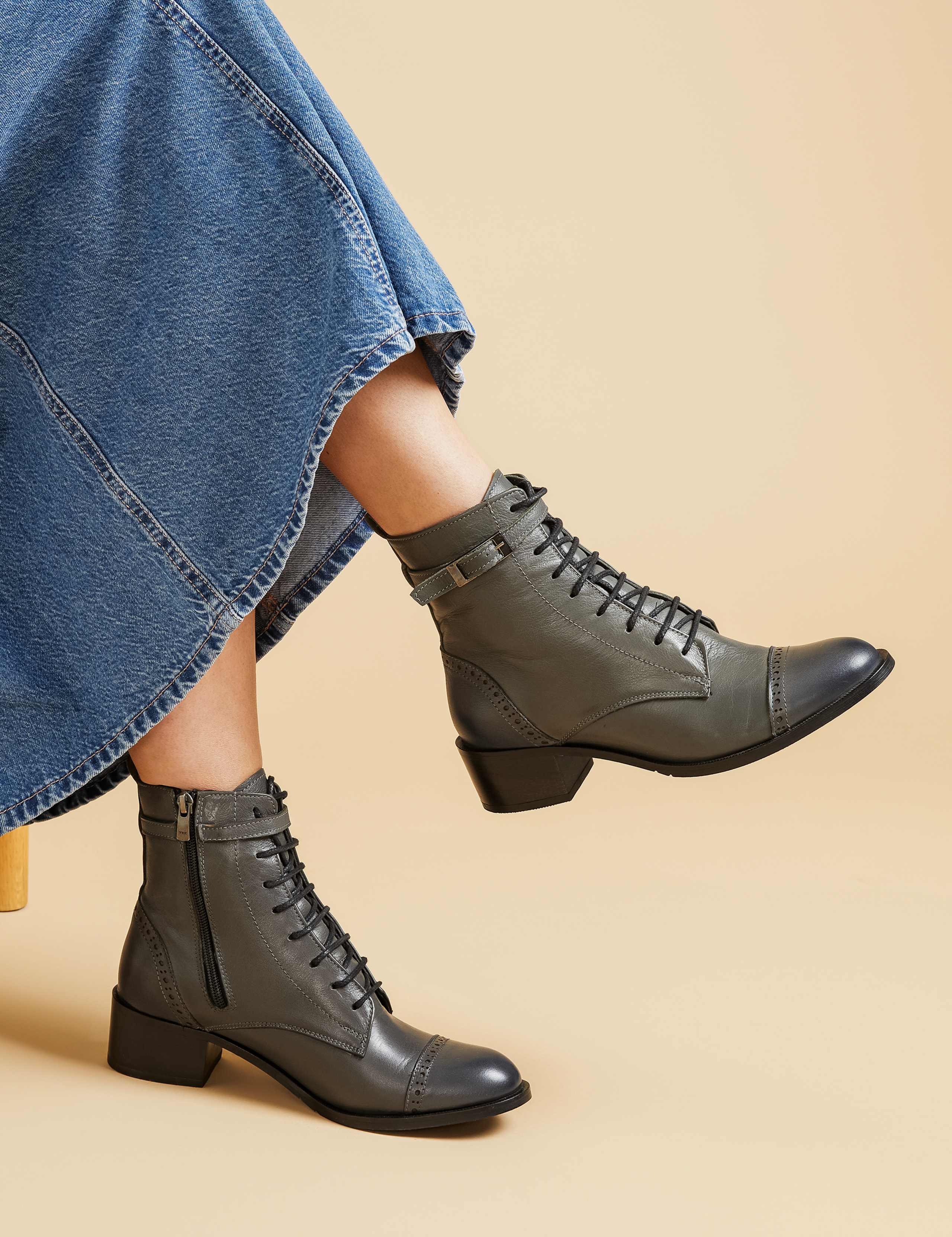 Leather Lace Up Block Heel Ankle Boots